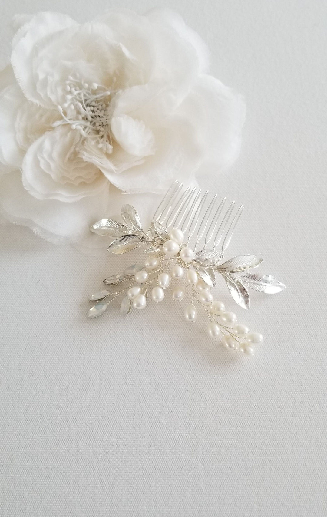 Freshwater Pearl Wedding Hair Comb, Pearl White Opal Crystal Hair Comb For Bride, Crystal Pearl Leaf Wedding hair Accessory - freshwater pearls, crystal rhinestones, wire, metal comb, metal leaves