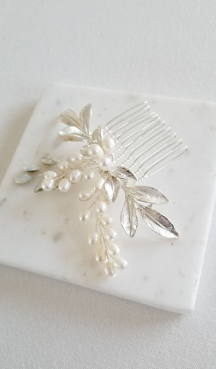 Freshwater Pearl Wedding Hair Comb, Pearl White Opal Crystal Hair Comb For Bride, Crystal Pearl Leaf Wedding hair Accessory - freshwater pearls, crystal rhinestones, wire, metal comb, metal leaves