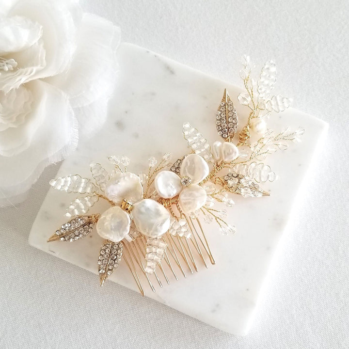 Freshwater Pearl Gold Wedding Hair Comb, Keshi Pearl Floral Bridal Hair Comb, Gold Crystal Comb for Bride - freshwater pearls, crystal rhinestones, wire, metal comb, seed beads, rhinestones, metal leaves