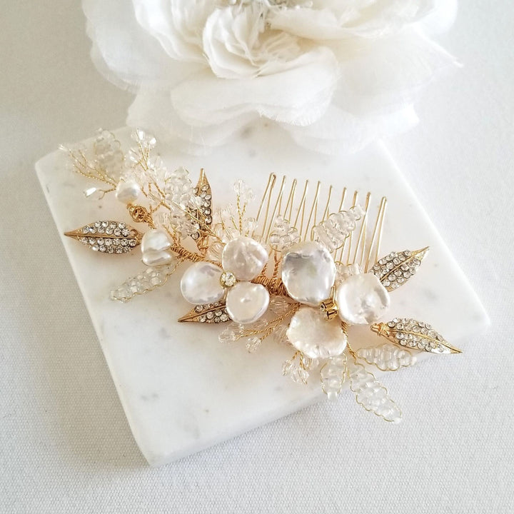 Freshwater Pearl Gold Wedding Hair Comb, Keshi Pearl Floral Bridal Hair Comb, Gold Crystal Comb for Bride - freshwater pearls, crystal rhinestones, wire, metal comb, seed beads, rhinestones, metal leaves