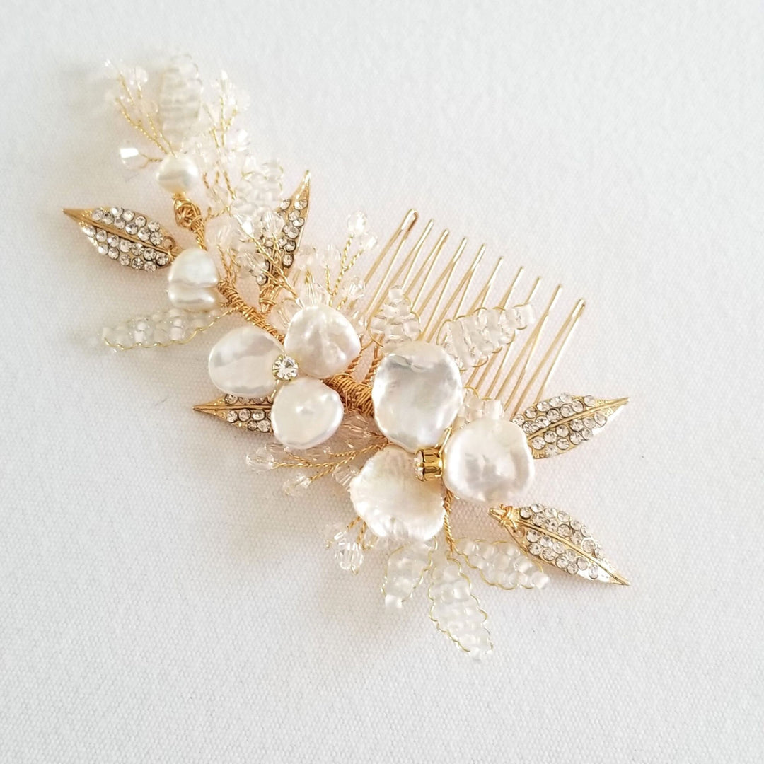 Freshwater Pearl Gold Wedding Hair Comb, Keshi Pearl Floral Bridal Hair Comb, Gold Crystal Comb for Bride - freshwater pearls, crystal rhinestones, wire, metal comb, seed beads, rhinestones, metal leaves