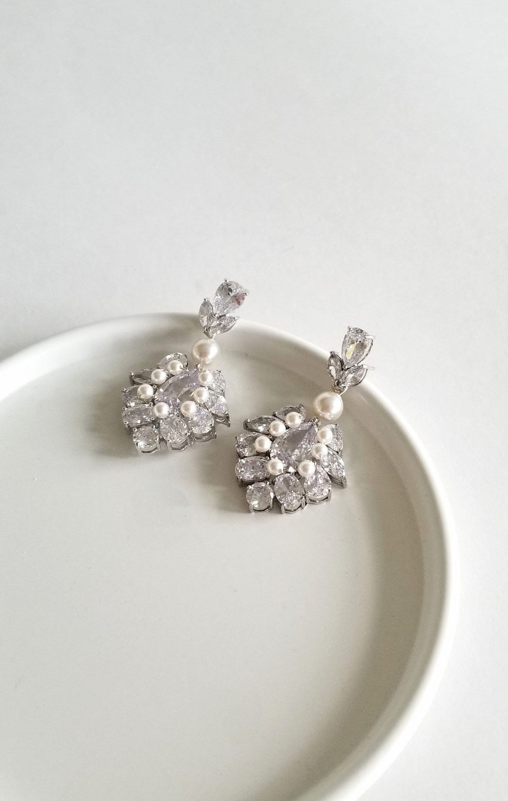 Pearl Wedding Earrings, Luxe CZ Bridal Earrings, Cubic Zirconia Pearl Earrings for Bride - cubic zirconias, metal components, pin, crystal based pearls