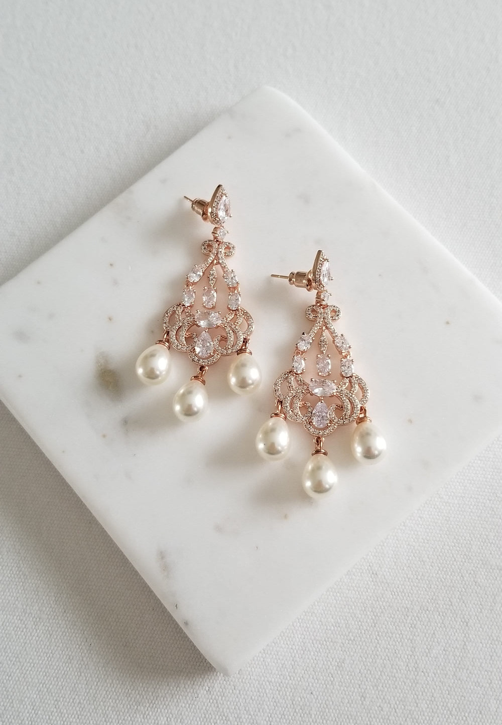 Pearl Chandelier Bridal Earrings, Cubic Zirconia Pearl Statement Earrings For Bride, Rose Gold Pearl Wedding Earrings - cubic zirconias, faux pearls, plated brass findings