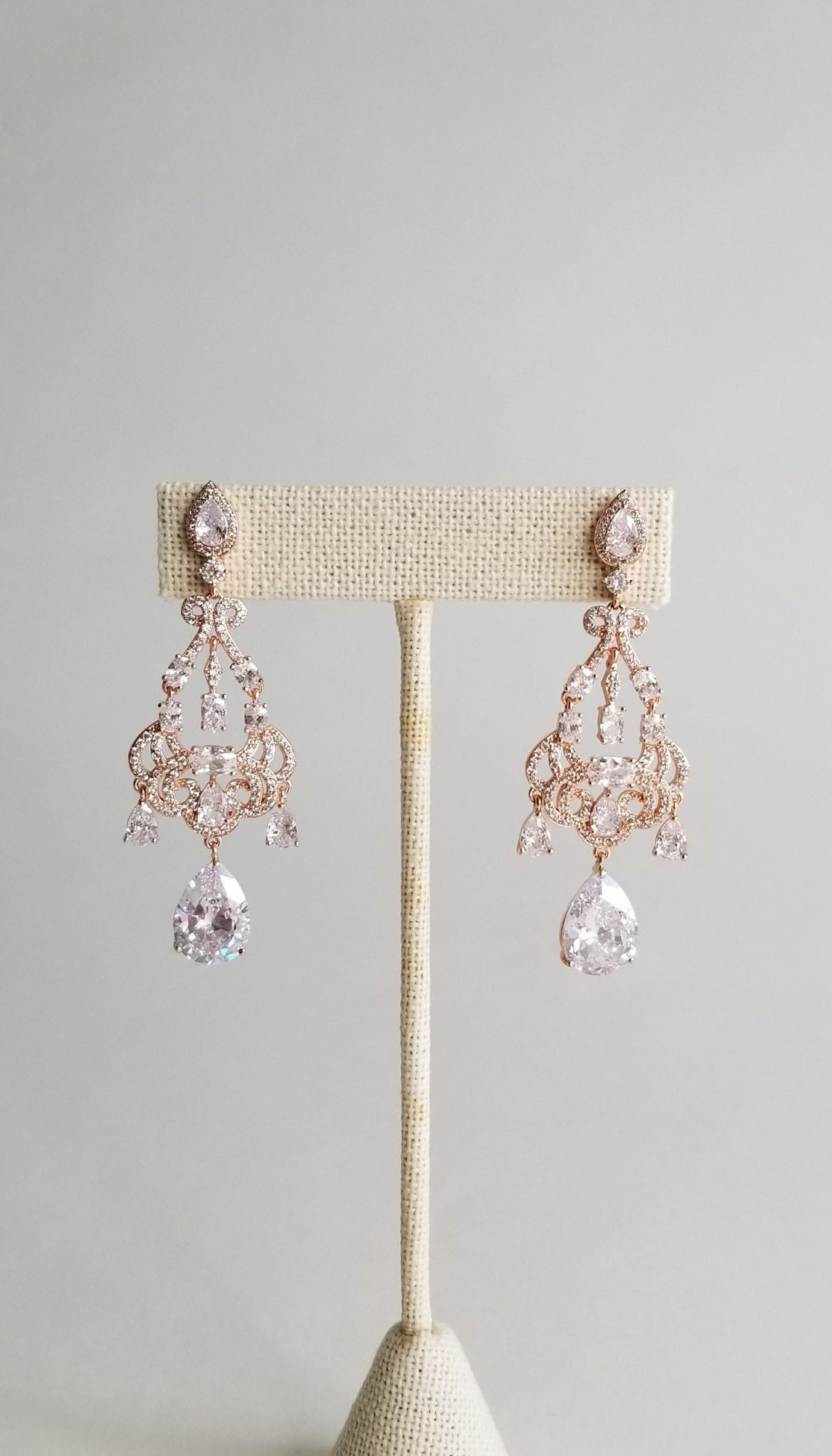 Chandelier Bridal Earrings, Statement Earrings For The Bride, Rose Gold Cubic Zirconia Wedding Earrings - cubic zirconias, plated brass findings