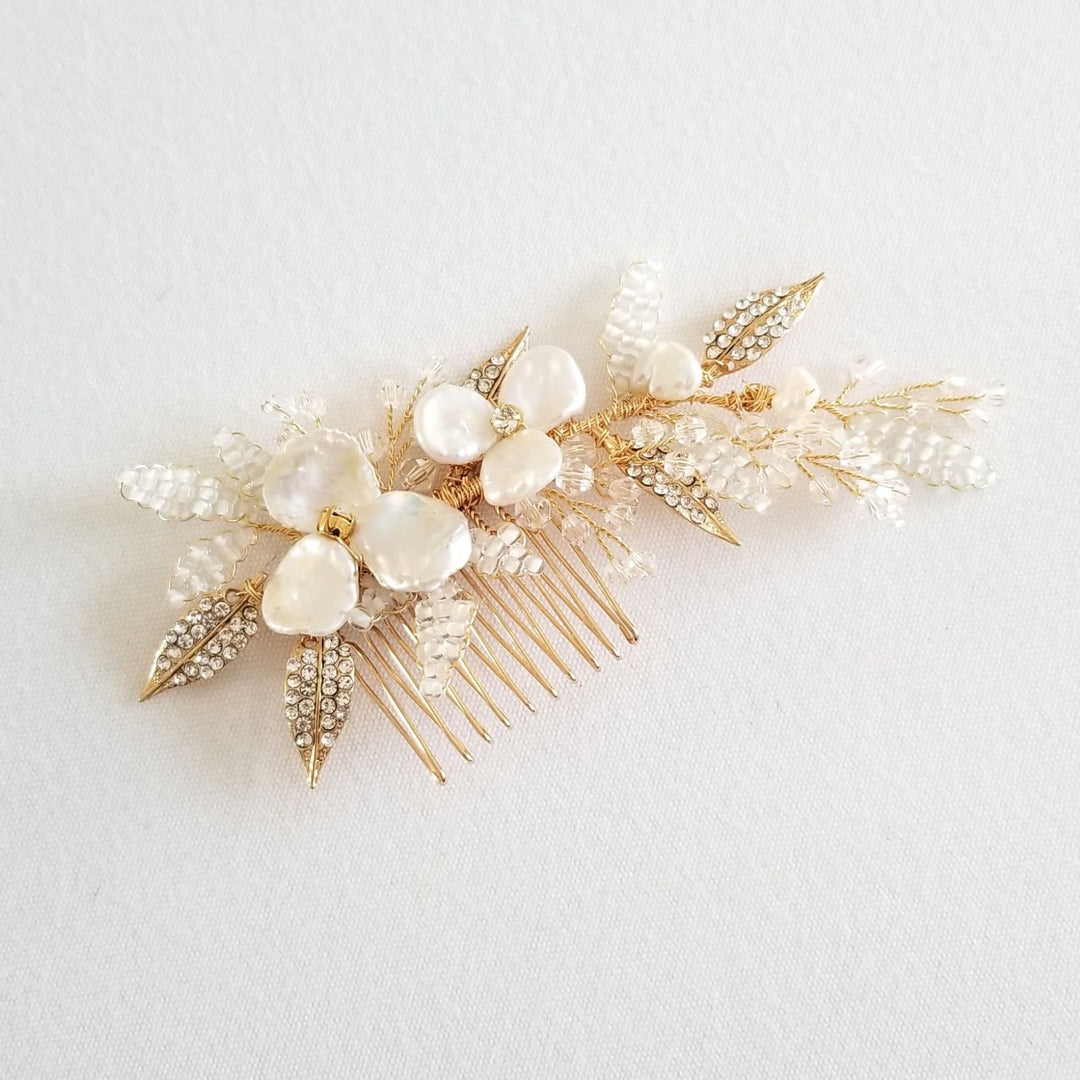 Freshwater Pearl Gold Wedding Hair Comb, Keshi Pearl Floral Bridal Hair Comb, Gold Crystal Comb for Bride - freshwater pearls, crystal rhinestones, wire, metal comb, seed beads, rhinestones, metal leaves