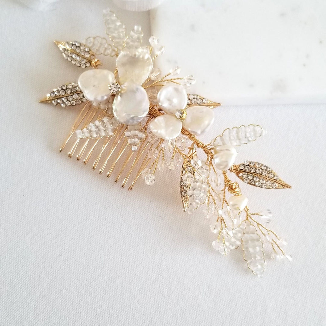 Freshwater Pearl Gold Wedding Hair Comb, Keshi Pearl Floral Bridal Hair Comb, Gold Crystal Comb for Bride - freshwater pearls, crystal rhinestones, wire, metal comb, seed beads, rhinestones, metal leaves