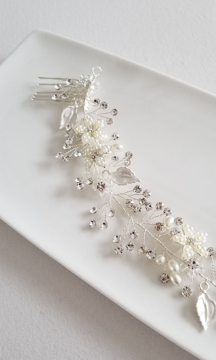 Wedding Floral Hair Vine, Flower Hair Vine, Bridal Hairpiece, Pearl Crystal Hair Vine, Wedding Headpiece - wire, crystals, rhinestones, pearl flowers, metal leaves, metal combs, faux pearls