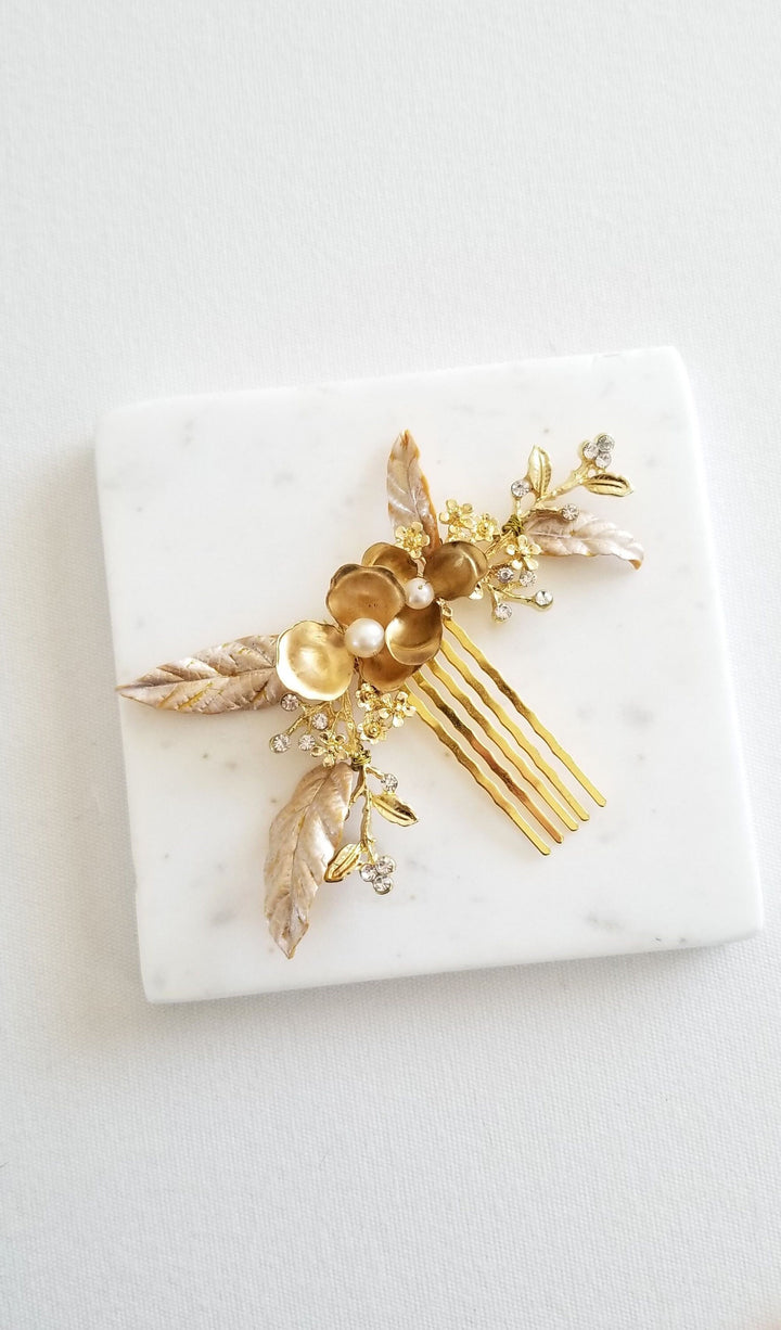 Gold Wedding Hair Comb With Polymer Clay Leaves, Freshwater Pearl Floral Bridal Hair Comb, Gold Leaf Crystal Freshwater Pearl Hair Comb - freshwater pearls, wire, rhinestones, gold comb, polymer clay leaves, brass flowers