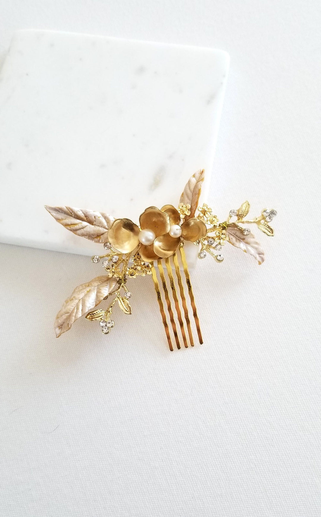 Gold Wedding Hair Comb With Polymer Clay Leaves, Freshwater Pearl Floral Bridal Hair Comb, Gold Leaf Crystal Freshwater Pearl Hair Comb - freshwater pearls, wire, rhinestones, gold comb, polymer clay leaves, brass flowers