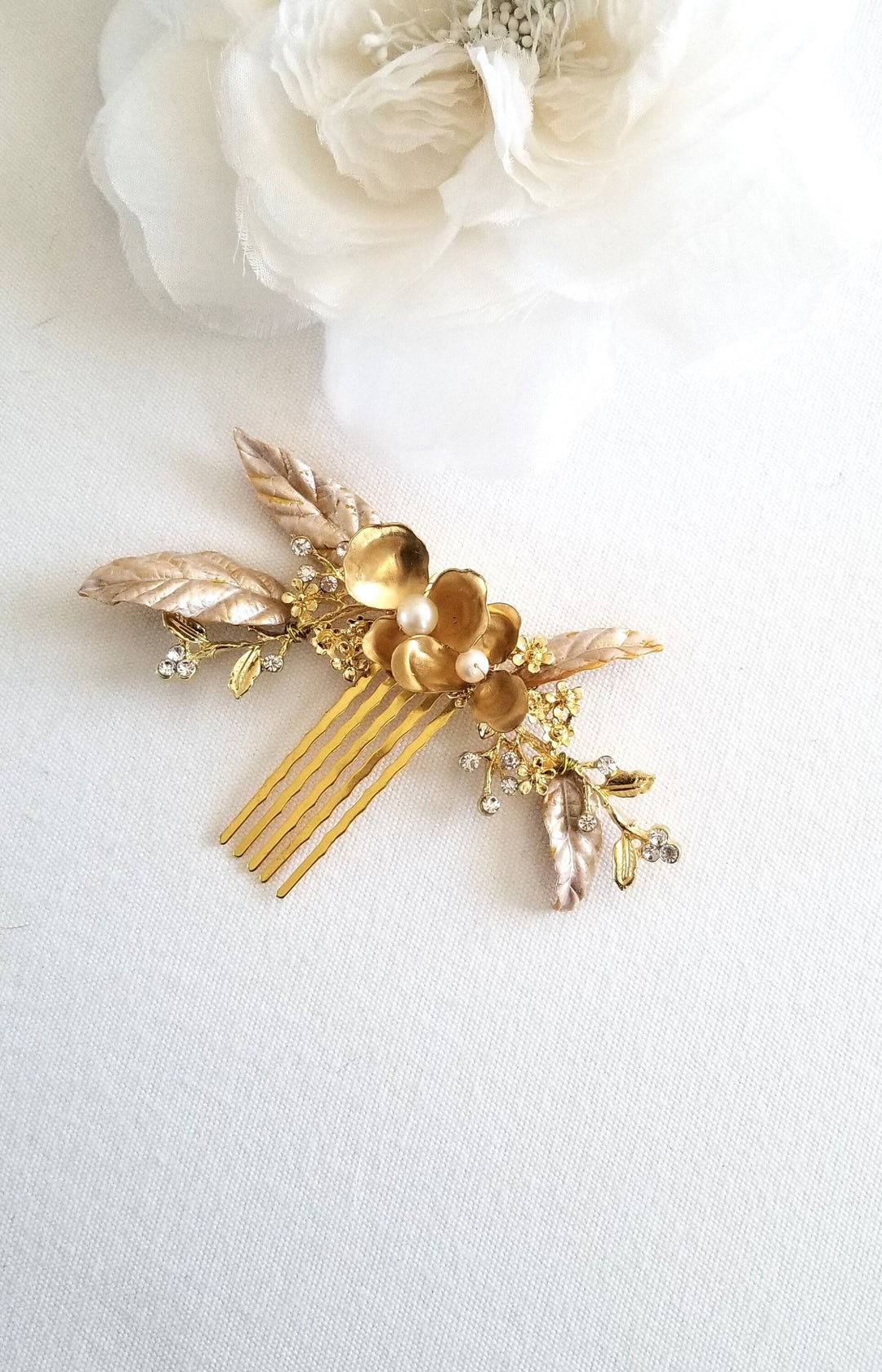 Gold Wedding Hair Comb With Polymer Clay Leaves, Freshwater Pearl Floral Bridal Hair Comb, Gold Leaf Crystal Freshwater Pearl Hair Comb - freshwater pearls, wire, rhinestones, gold comb, polymer clay leaves, brass flowers