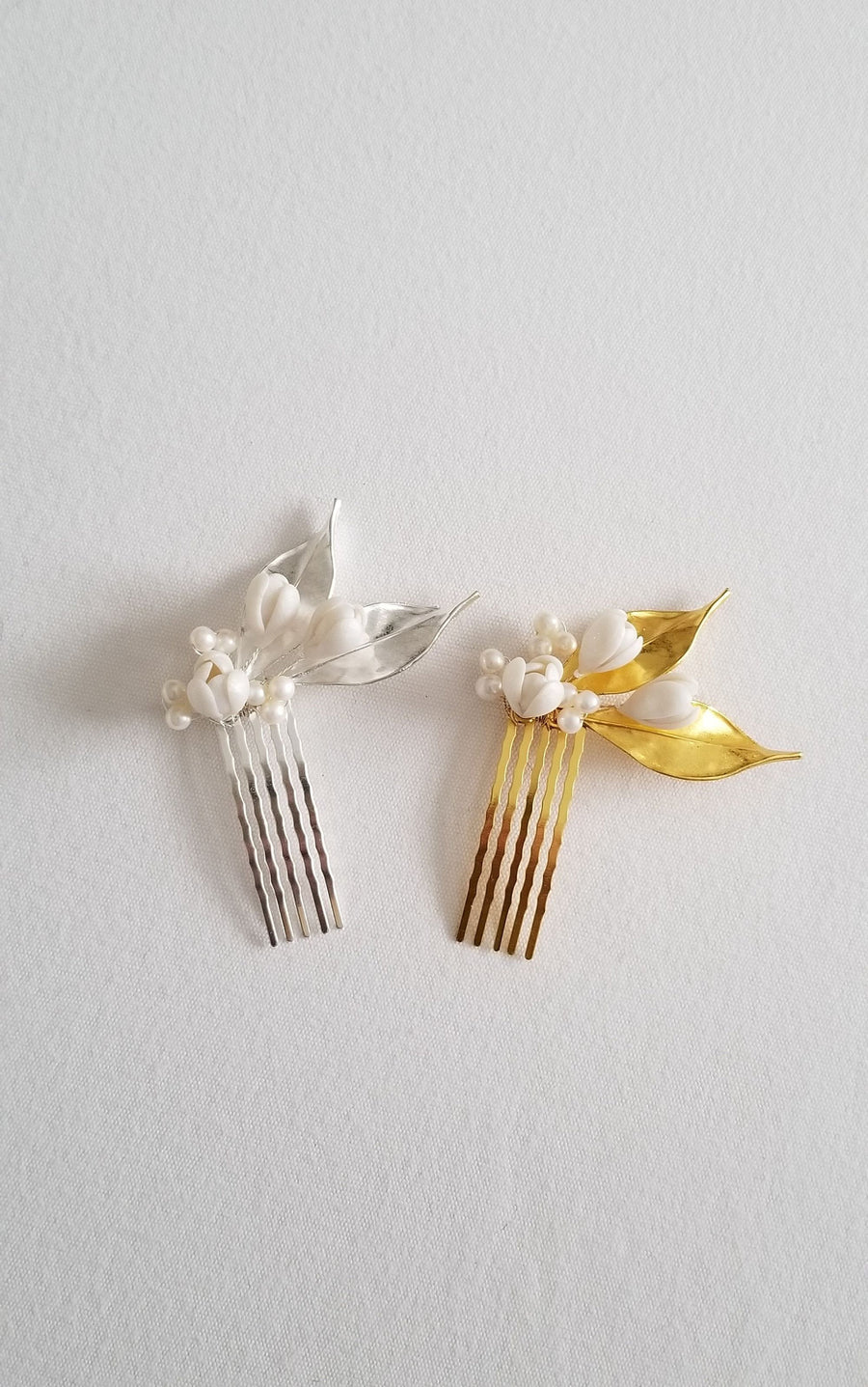 Small Wedding Hair Comb With Polymer Clay Flowers, Freshwater Pearl Floral Bridal Hair Comb, Gold Leaf Freshwater Pearl Hair piece - freshwater pearls, wire, rhinestones, gold comb, polymer clay leaves, brass flowers