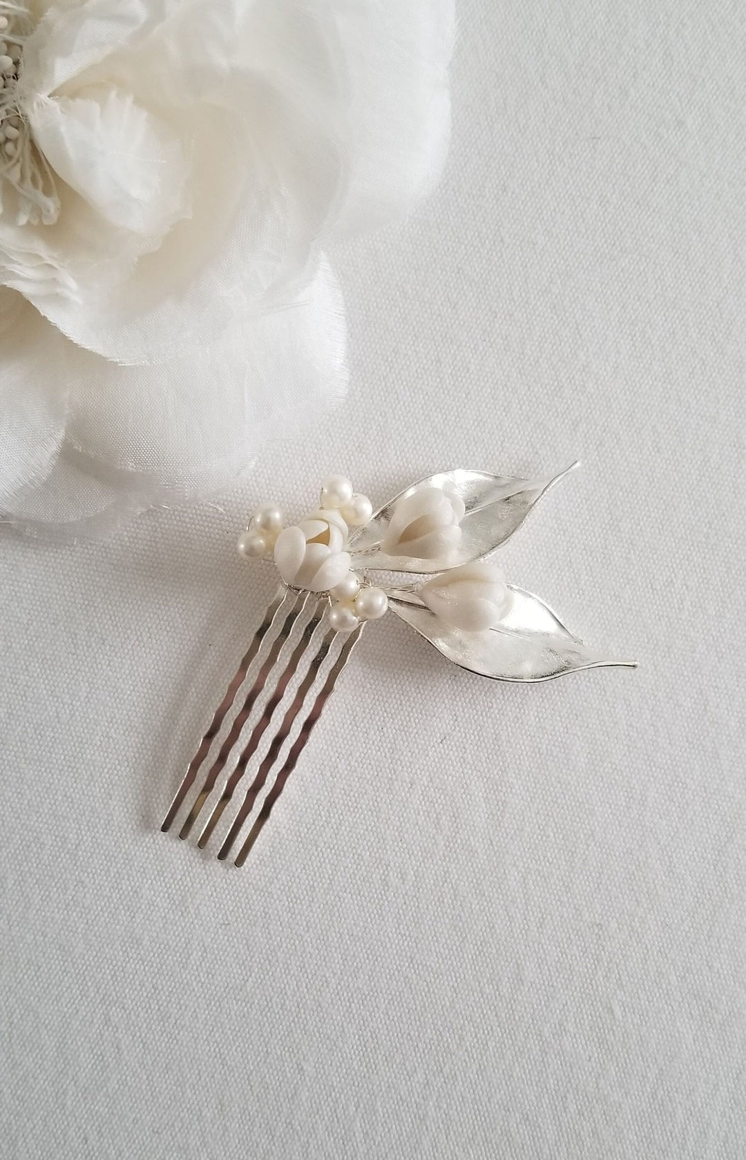 Small Wedding Hair Comb With Polymer Clay Flowers, Freshwater Pearl Floral Bridal Hair Comb, Gold Leaf Freshwater Pearl Hair piece - freshwater pearls, wire, rhinestones, gold comb, polymer clay leaves, brass flowers