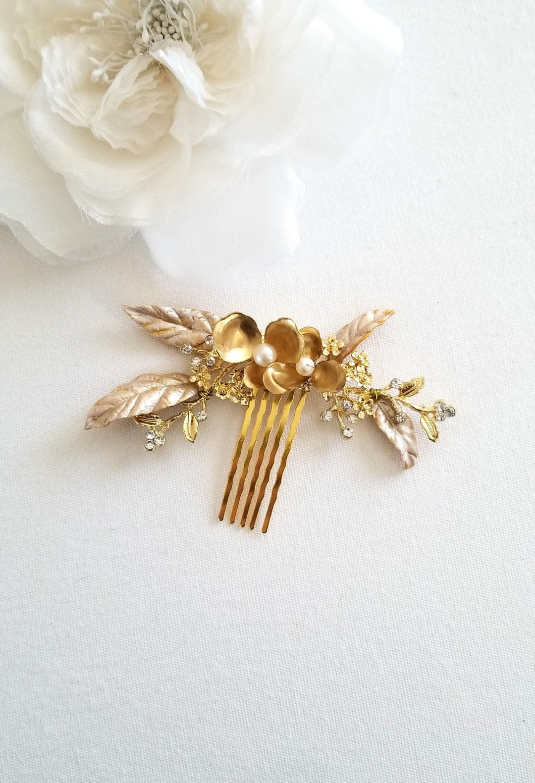 Gold Wedding Hair Comb With Polymer Clay Leaves, Freshwater Pearl Floral Bridal Hair Comb, Gold Leaf Crystal Freshwater Pearl Hair Comb - freshwater pearls, wire, rhinestones, gold comb, polymer clay leaves, brass flowers