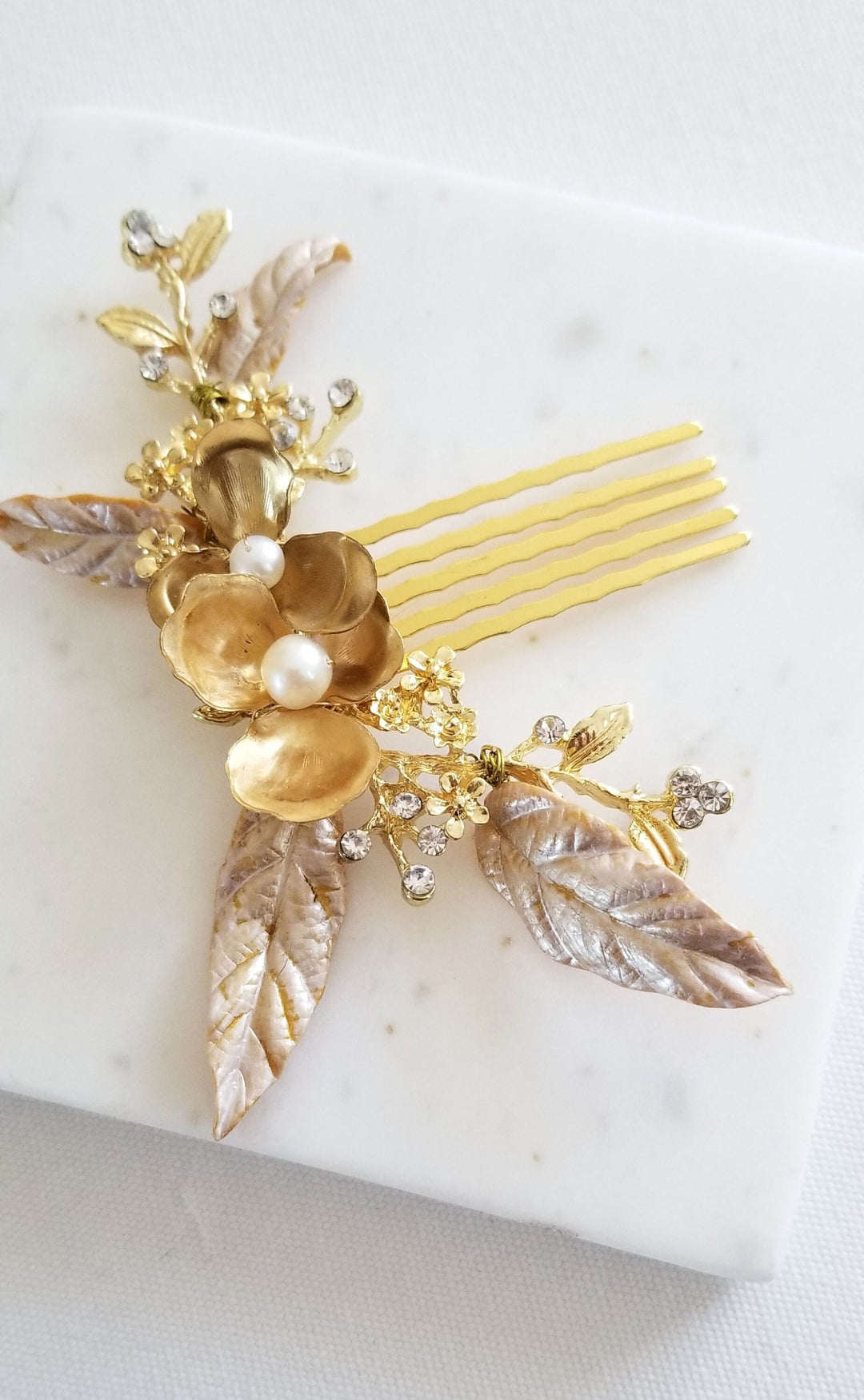 Gold Wedding Hair Comb With Polymer Clay Leaves, Freshwater Pearl Floral Bridal Hair Comb, Gold Leaf Crystal Freshwater Pearl Hair Comb - freshwater pearls, wire, rhinestones, gold comb, polymer clay leaves, brass flowers