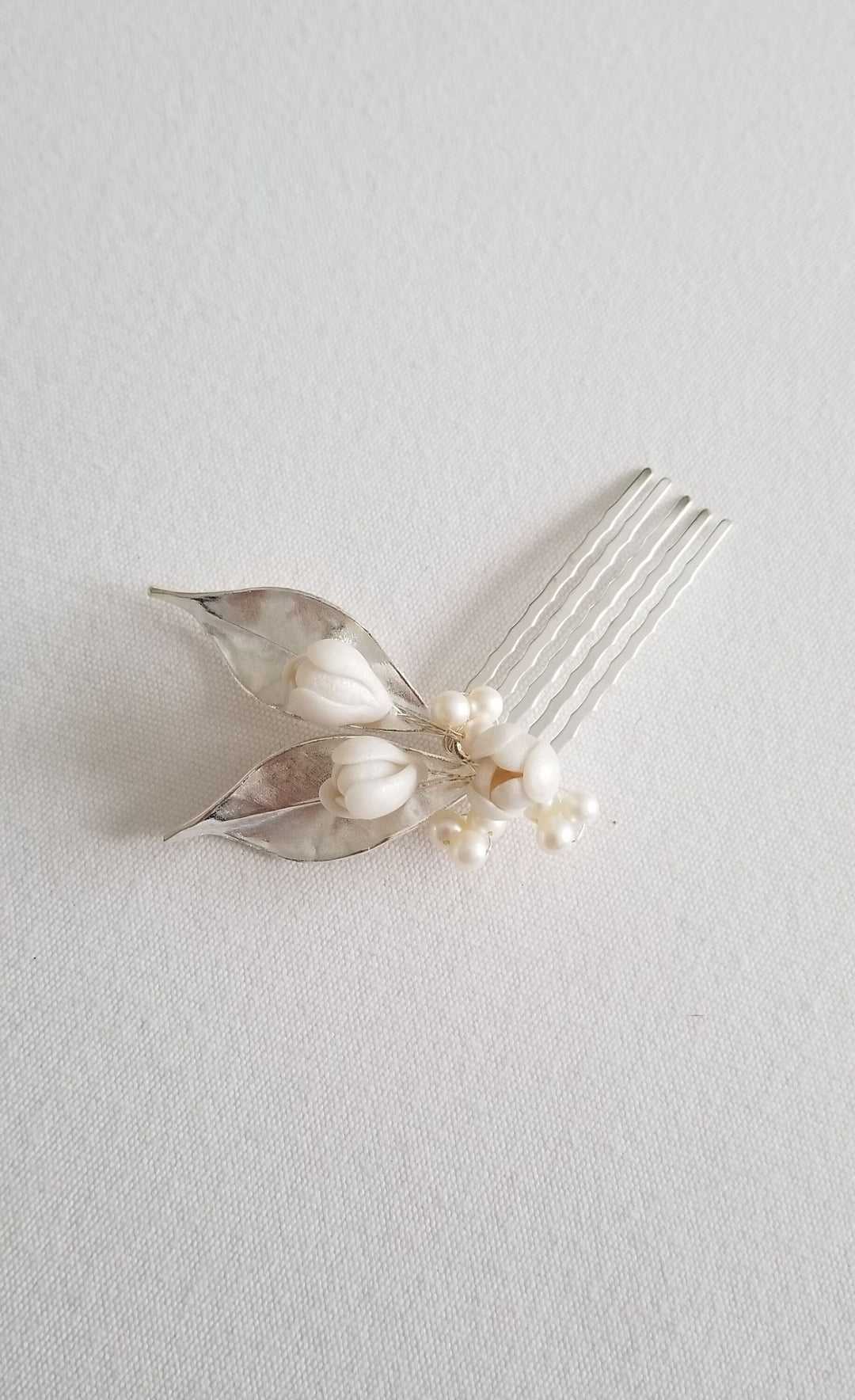 Small Wedding Hair Comb With Polymer Clay Flowers, Freshwater Pearl Floral Bridal Hair Comb, Gold Leaf Freshwater Pearl Hair piece - freshwater pearls, wire, rhinestones, gold comb, polymer clay leaves, brass flowers