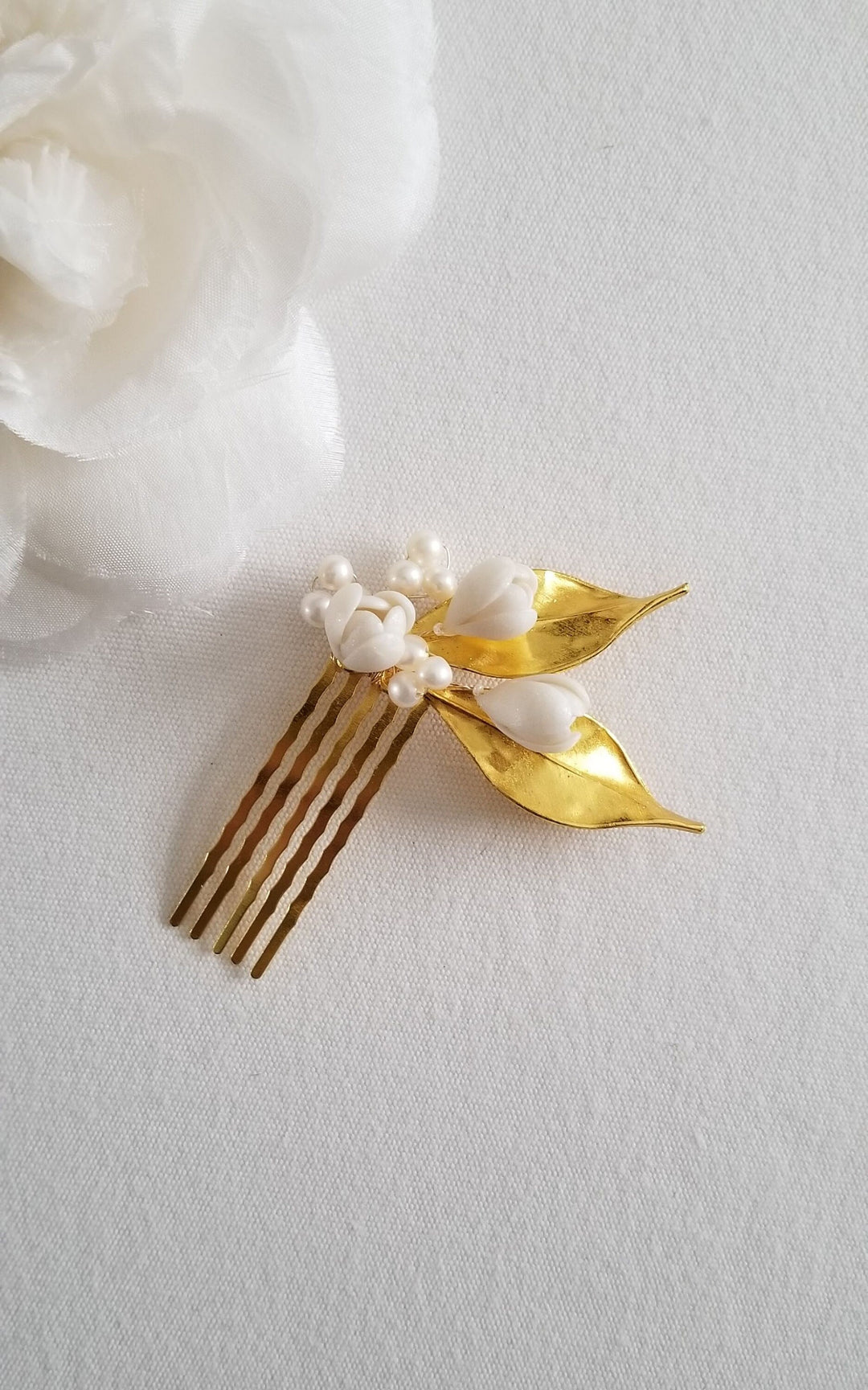 Small Wedding Hair Comb With Polymer Clay Flowers, Freshwater Pearl Floral Bridal Hair Comb, Gold Leaf Freshwater Pearl Hair piece - freshwater pearls, wire, rhinestones, gold comb, polymer clay leaves, brass flowers