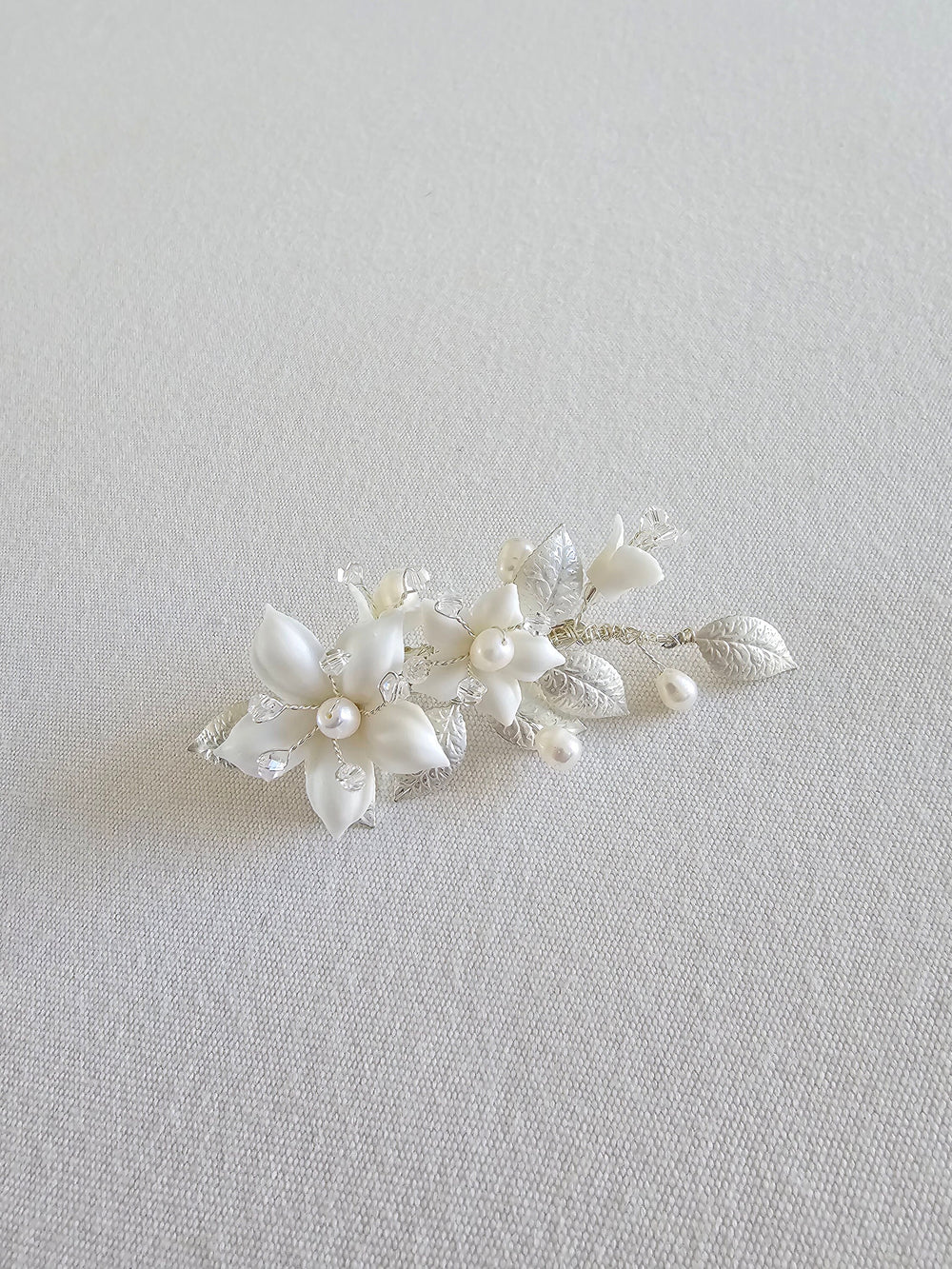 Wedding Hair Clip With Porcelain Flowers and Freshwater Pearls, Small Floral Wedding Hair Barrette, Clay Flower Side Hair Clip For Bride - wire, porcelain flowers, freshwater pearls, alligator clip, crystals, metal leaves