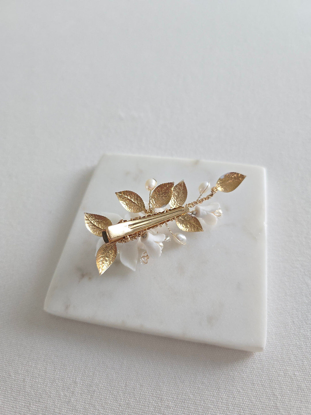 Wedding Hair Clip With Porcelain Flowers and Freshwater Pearls, Small Floral Wedding Hair Barrette, Clay Flower Side Hair Clip For Bride - wire, porcelain flowers, freshwater pearls, alligator clip, crystals, metal leaves