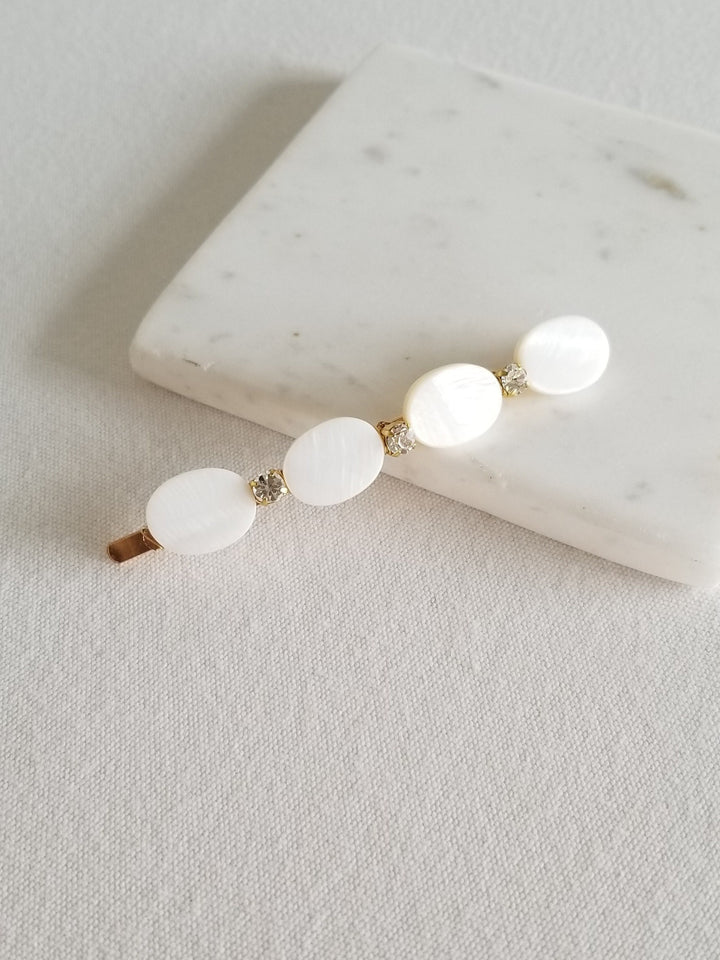 Mother of Pearl Wedding Hair Clip, Rhinestone Bridal Bobby Pin, Bridal Crystal Pearl Hair Slide - rhinestones, bobby pin, wire, mother of pearl beads