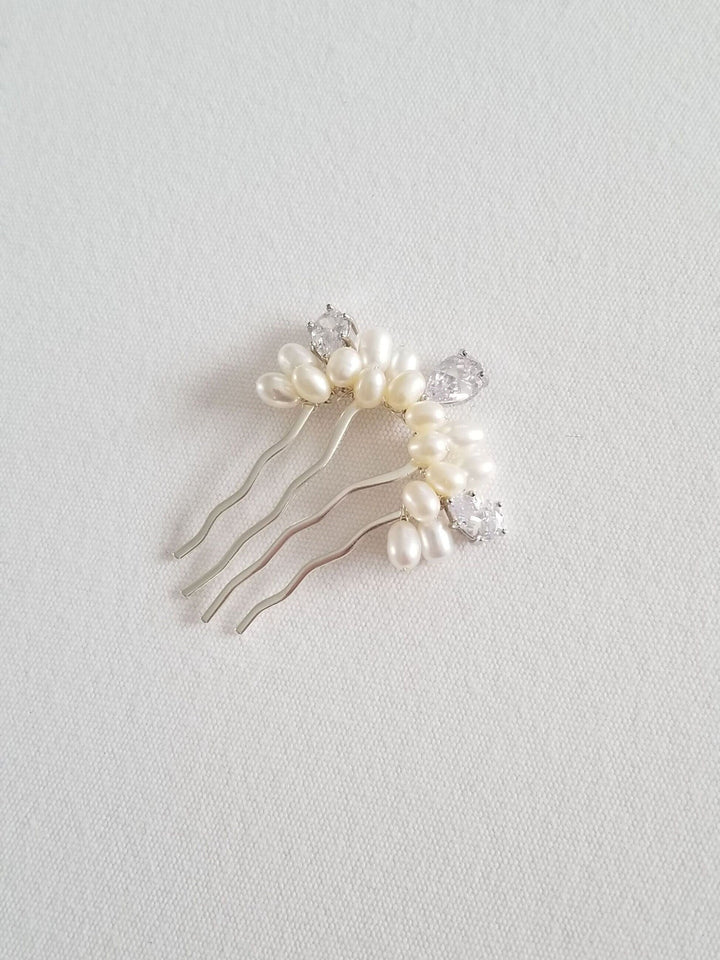 Small Bridal Hair Comb, Freshwater Pearl Wedding Hair Comb, Cubic Zirconia Freshwater Pearl Hair Comb for Bride - freshwater pearls, wire, metal comb, cubic zirconia