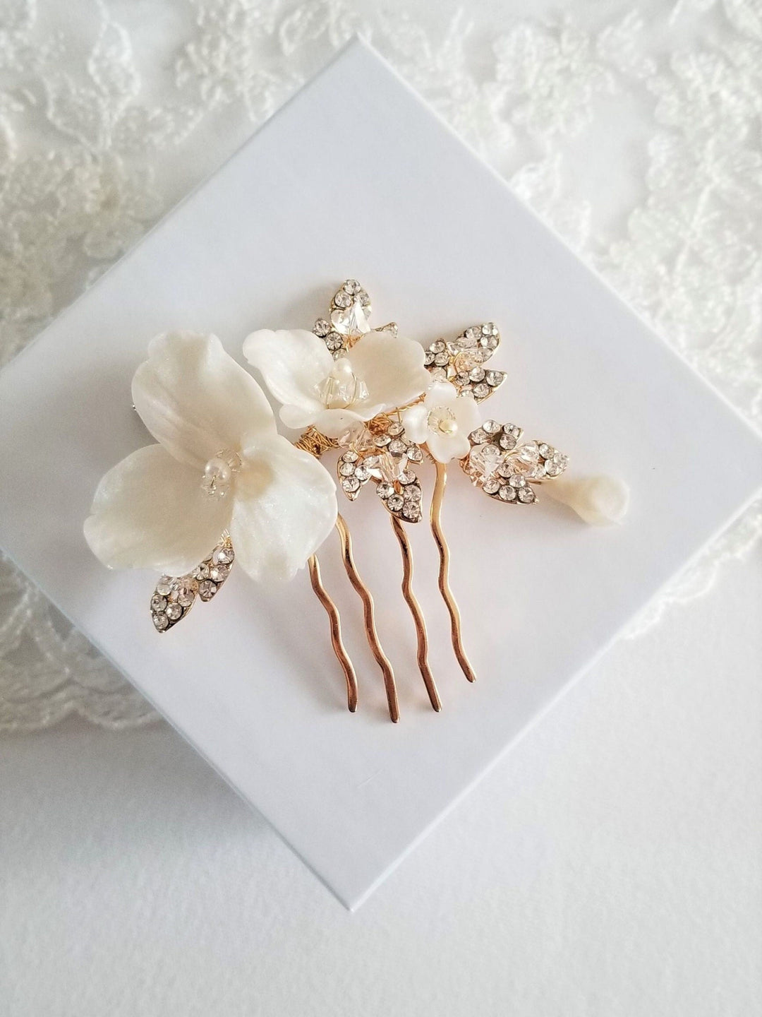 Gold Wedding Hair Comb Polymer Flowers, Gold Floral Wedding Hair Comb, Clay Flower Bridal Hair Comb - wire, metal comb, polymer clay flowers, rhinestone leaves, freshwater pearls