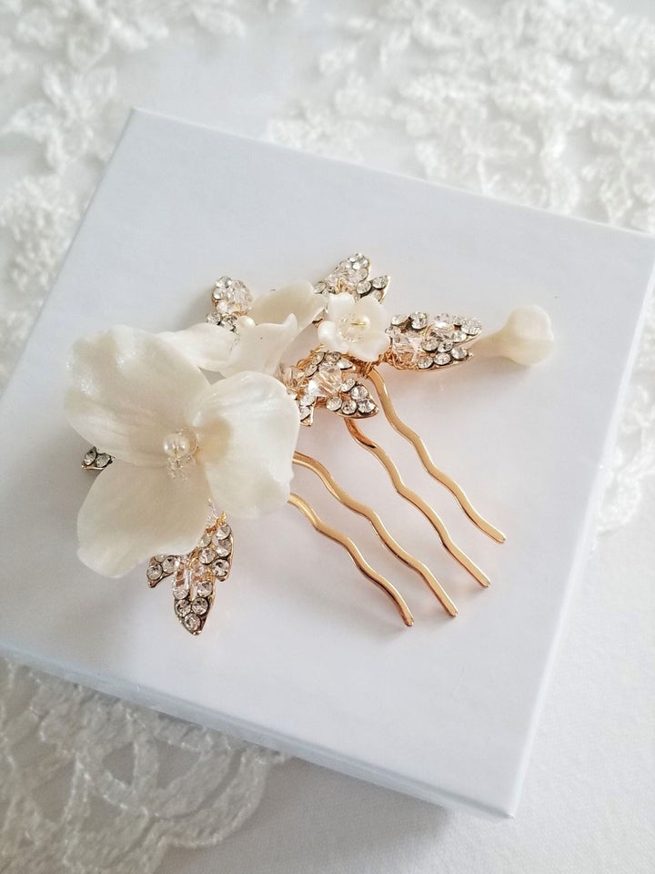 Gold Wedding Hair Comb Polymer Flowers, Gold Floral Wedding Hair Comb, Clay Flower Bridal Hair Comb - wire, metal comb, polymer clay flowers, rhinestone leaves, freshwater pearls