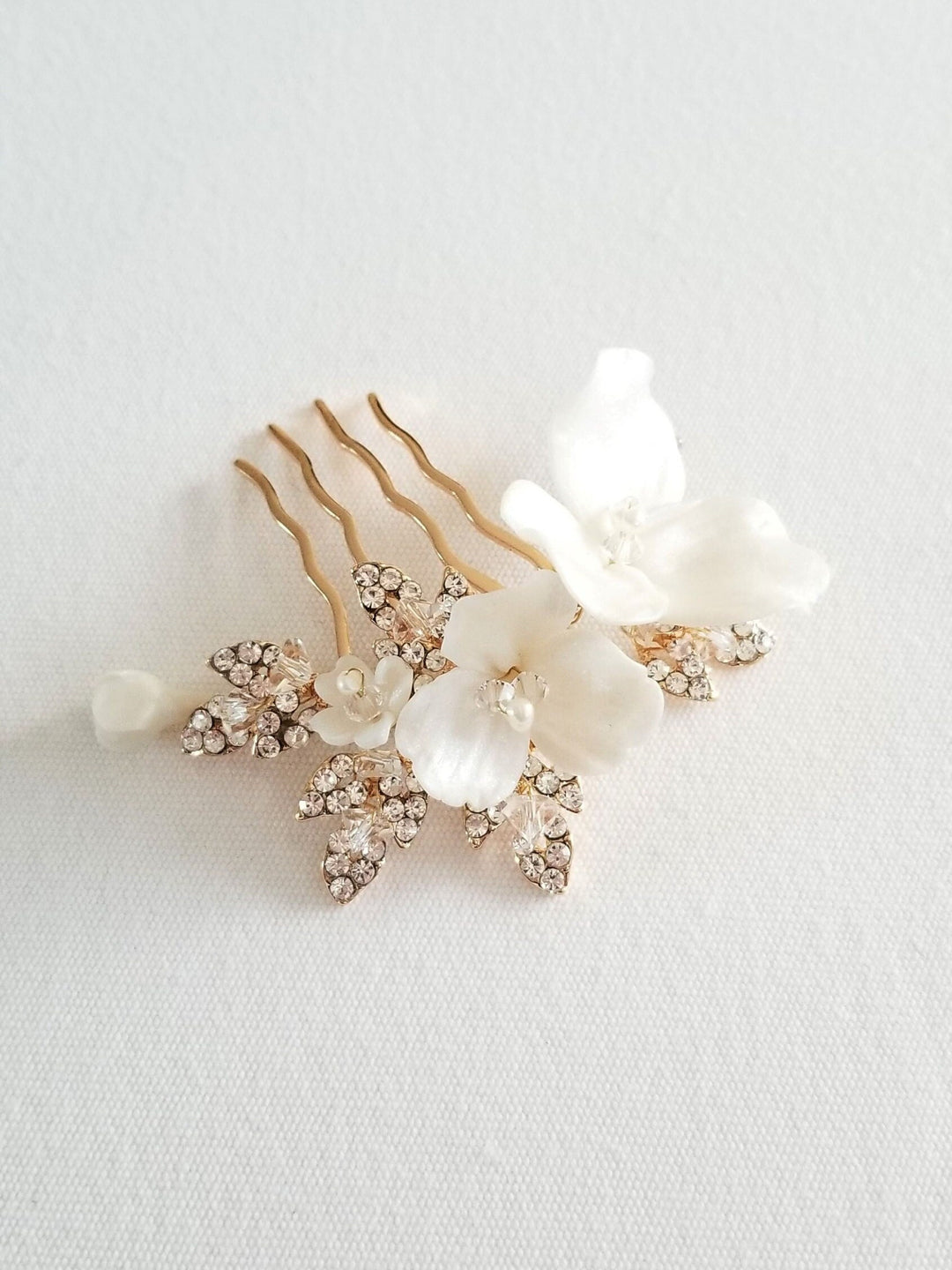 Gold Wedding Hair Comb Polymer Flowers, Gold Floral Wedding Hair Comb, Clay Flower Bridal Hair Comb - wire, metal comb, polymer clay flowers, rhinestone leaves, freshwater pearls