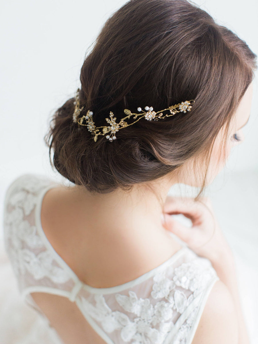 Gold Bridal Hair Vine, Gold Wedding Headpiece, Rose Gold Wedding Hair Vine, Silver Bridal Hair Vine - wire, crystal, rhinestones, faux pearls, gold leaves, metal combs