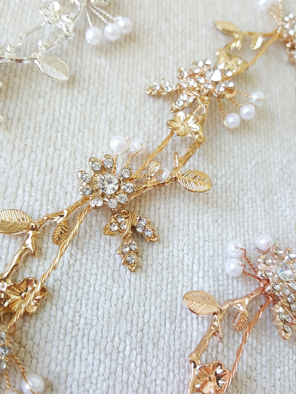 Gold Bridal Hair Vine, Gold Wedding Headpiece, Rose Gold Wedding Hair Vine, Silver Bridal Hair Vine - wire, crystal, rhinestones, faux pearls, gold leaves, metal combs