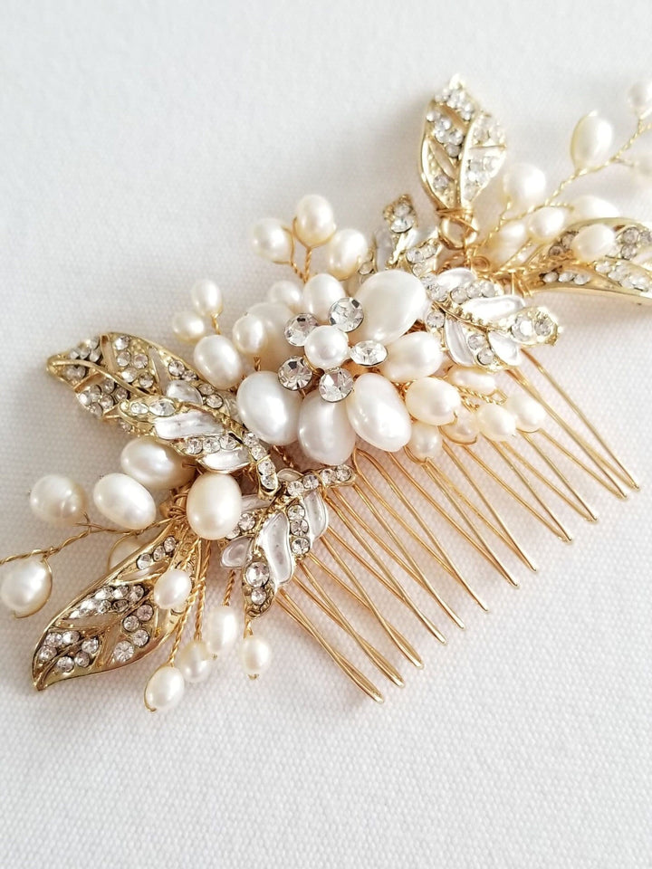 Wedding Hair Comb with Pearls, Gold Bridal Hair Comb, Pearl Hair Comb, Gold Wedding Headpiece - wire, rhinetones, metal leaves, freshwater pearls, simulated pearl, gold comb