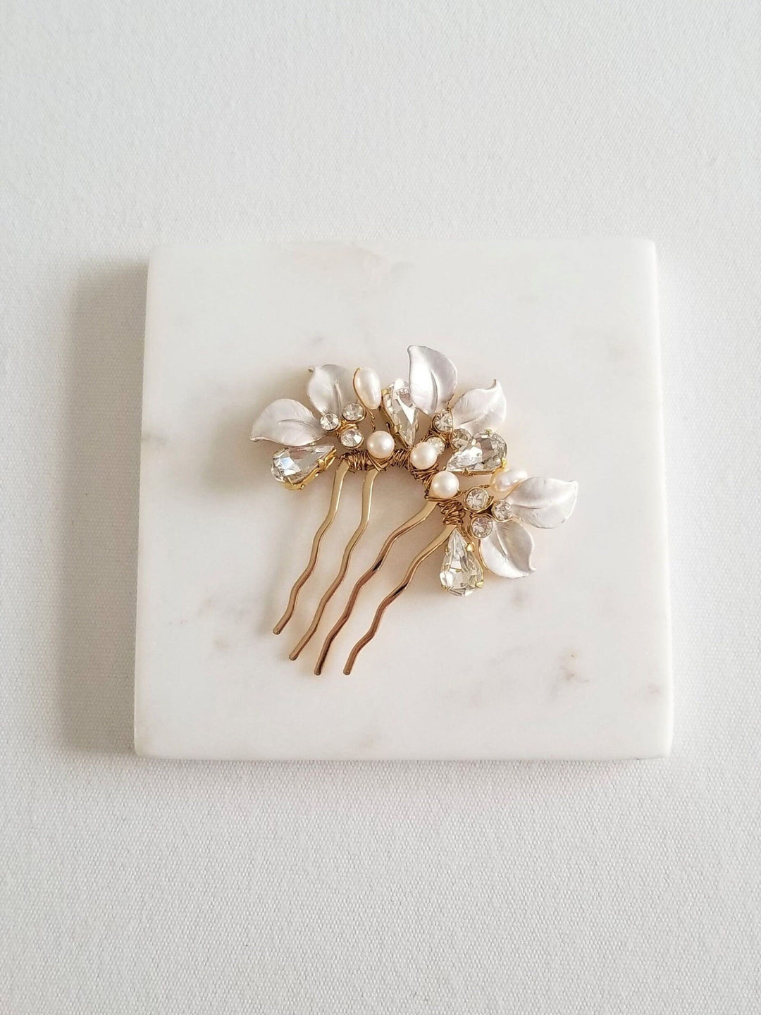 Wedding Hair Comb, Freshwater Pearl Floral Bridal Hair Comb, Gold Leaf Crystal Freshwater Pearl Hair Comb - freshwater pearls, wire, rhinestones, gold comb, metal leaves