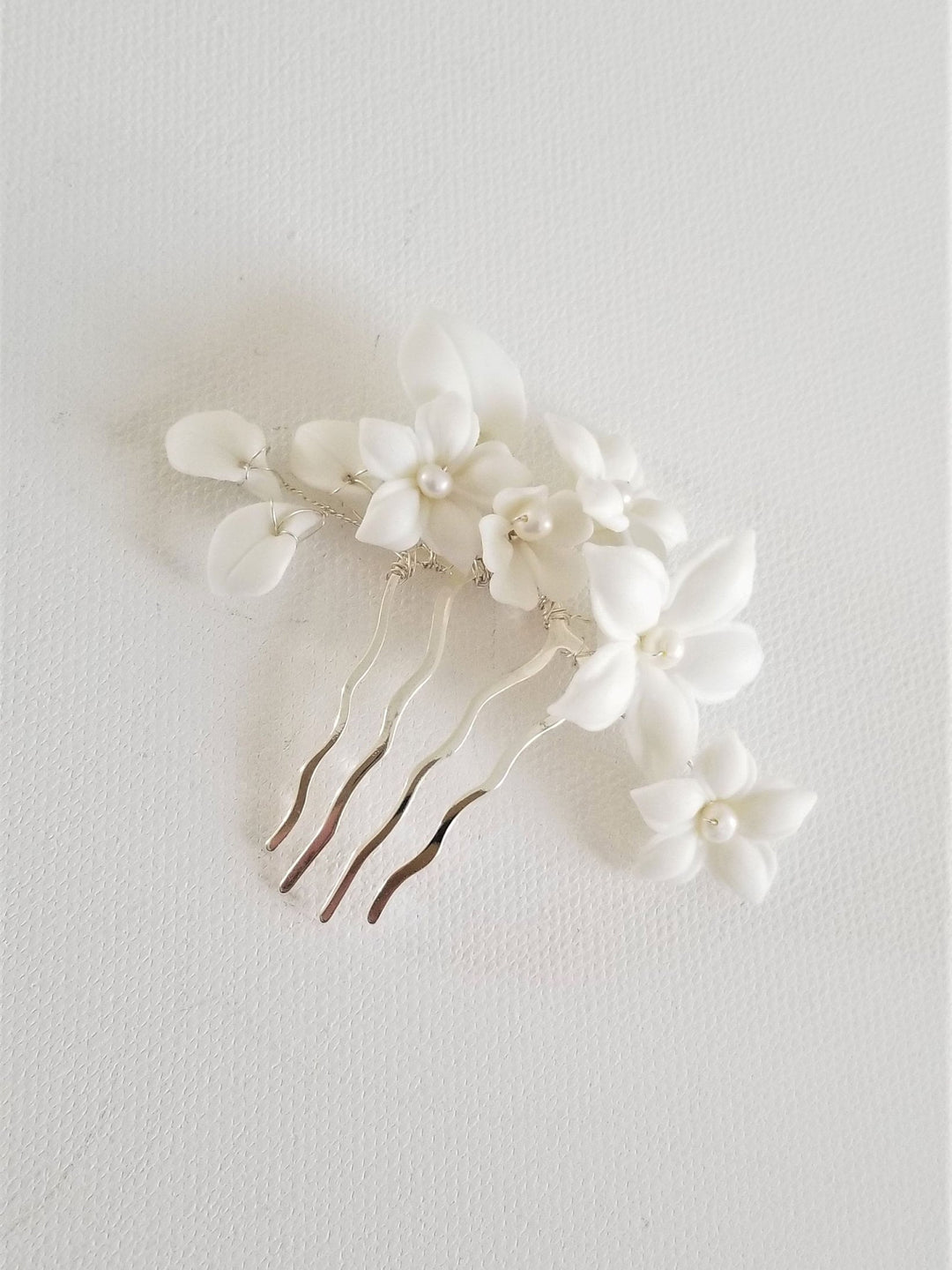 Bridal Hair Comb Porcelain Flowers, Small Floral Wedding Hair Comb, Clay Flower Bridal Hair Comb - Porcelain Flowers, Freshwater Pearls, Metal Comb, Wire, Seed Beads