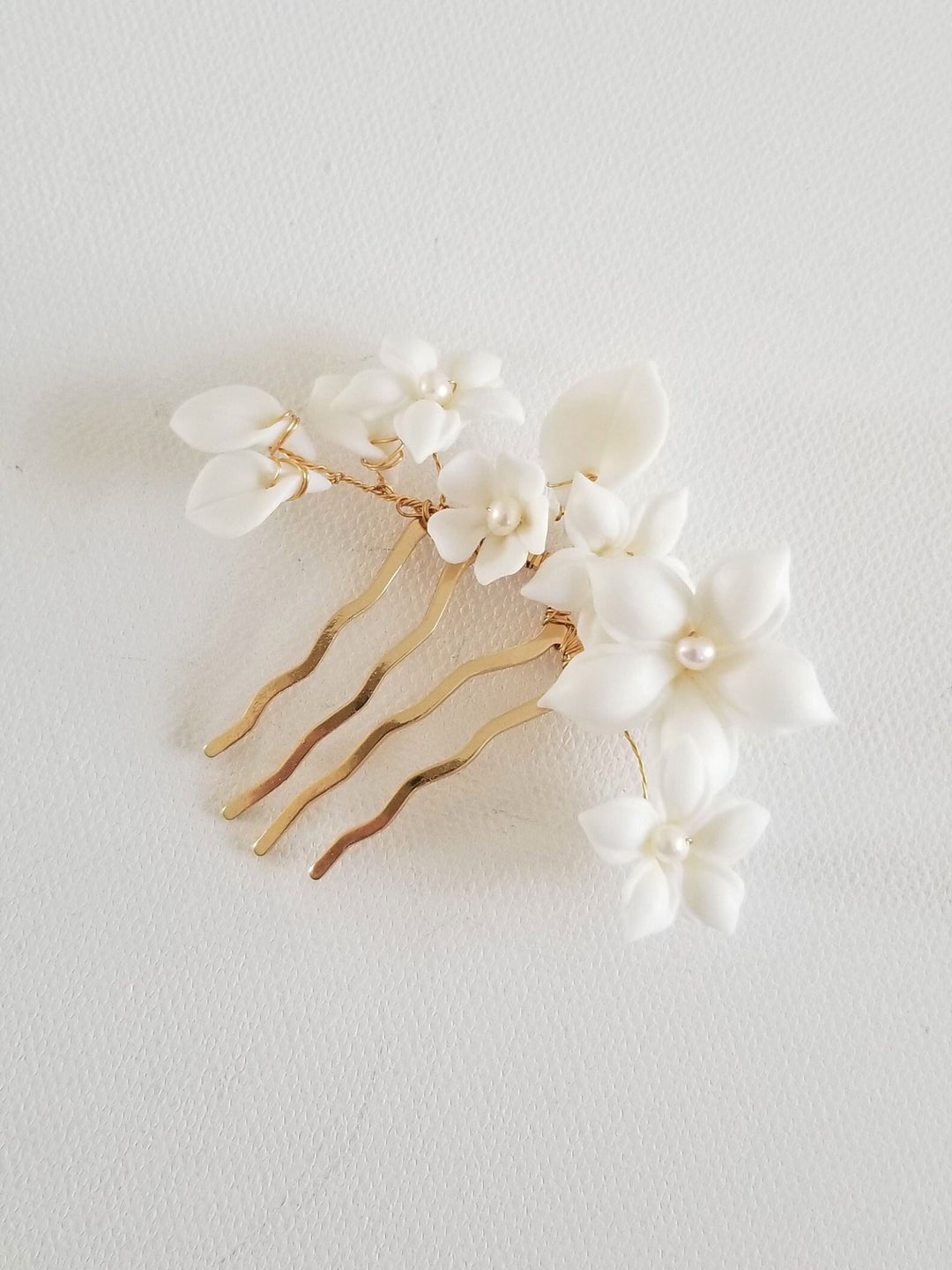 Bridal Hair Comb Porcelain Flowers, Small Floral Wedding Hair Comb, Clay Flower Bridal Hair Comb - Porcelain Flowers, Freshwater Pearls, Metal Comb, Wire, Seed Beads