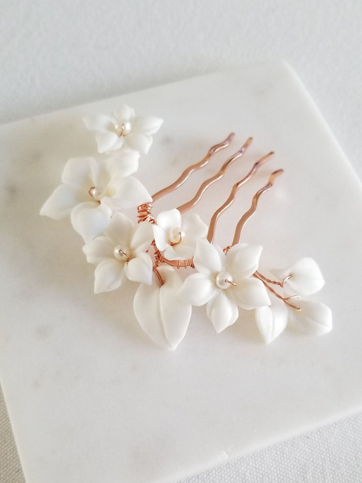 Bridal Hair Comb Porcelain Flowers, Small Floral Wedding Hair Comb, Clay Flower Bridal Hair Comb - Porcelain Flowers, Freshwater Pearls, Metal Comb, Wire, Seed Beads