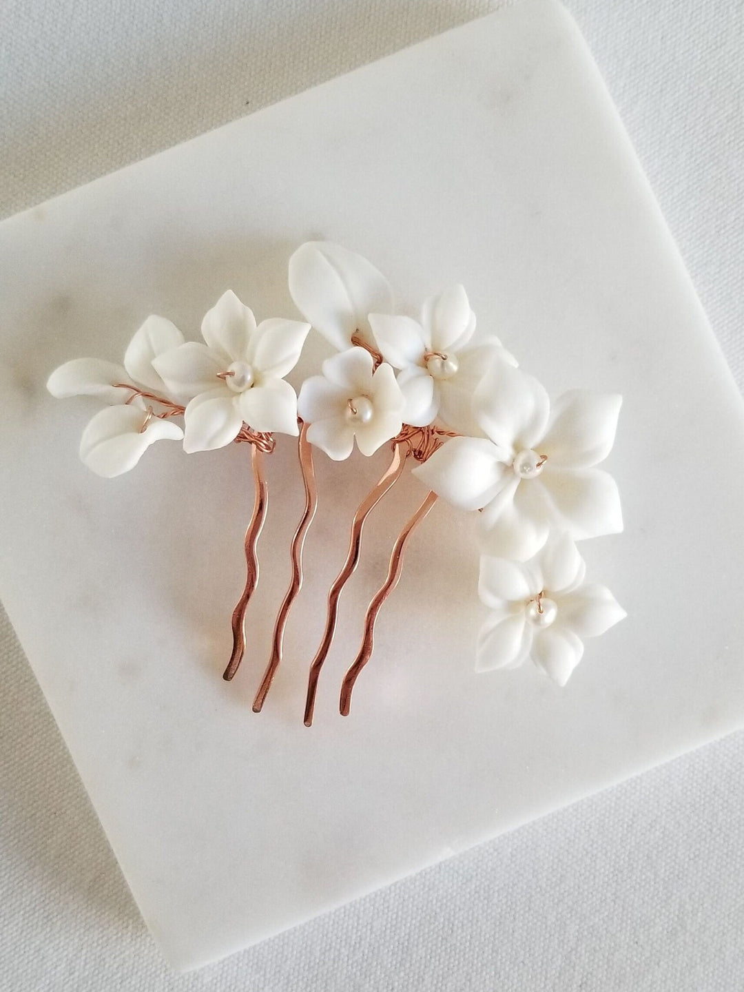 Bridal Hair Comb Porcelain Flowers, Small Floral Wedding Hair Comb, Clay Flower Bridal Hair Comb - Porcelain Flowers, Freshwater Pearls, Metal Comb, Wire, Seed Beads