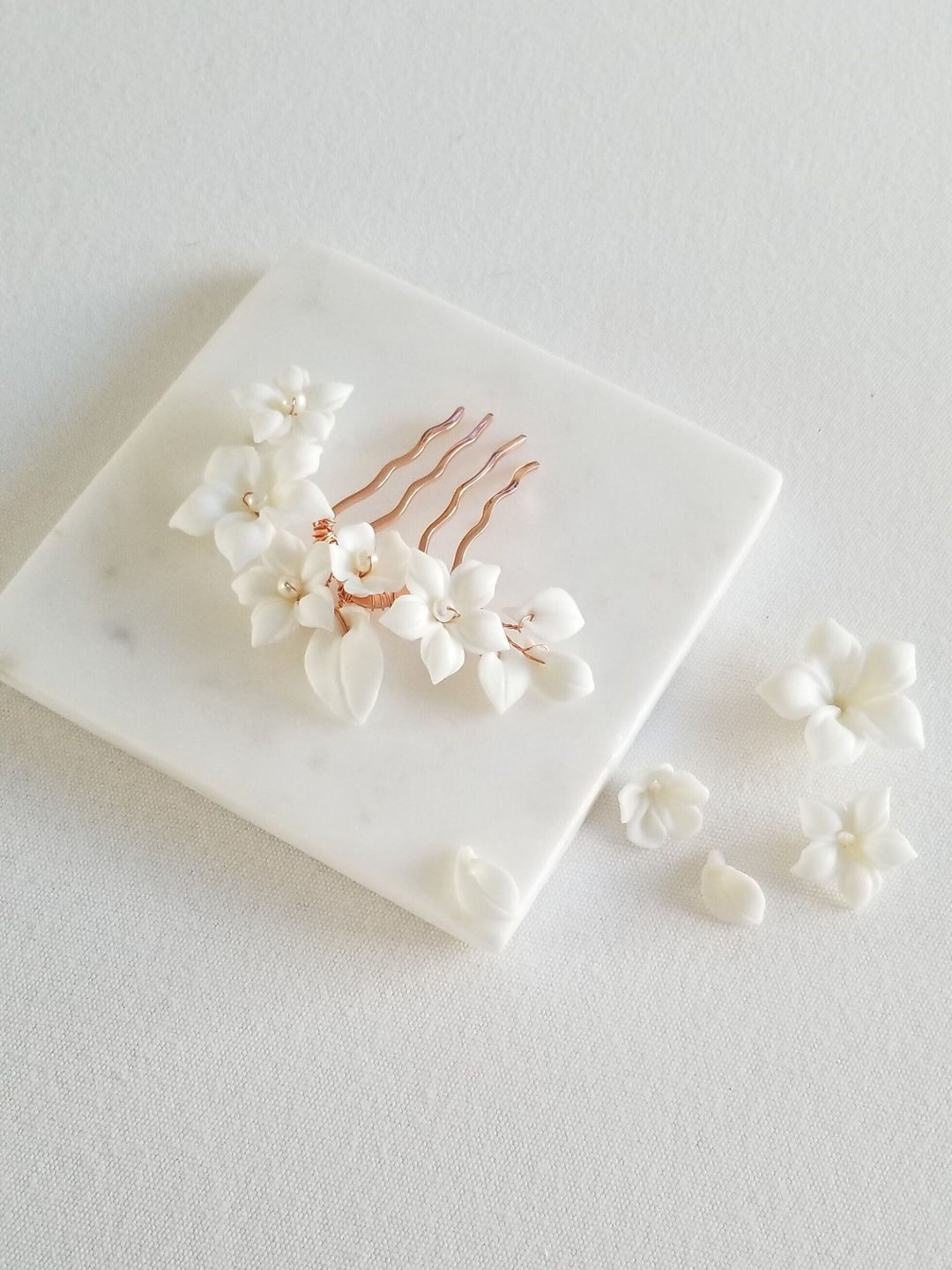 Bridal Hair Comb Porcelain Flowers, Small Floral Wedding Hair Comb, Clay Flower Bridal Hair Comb - Porcelain Flowers, Freshwater Pearls, Metal Comb, Wire, Seed Beads