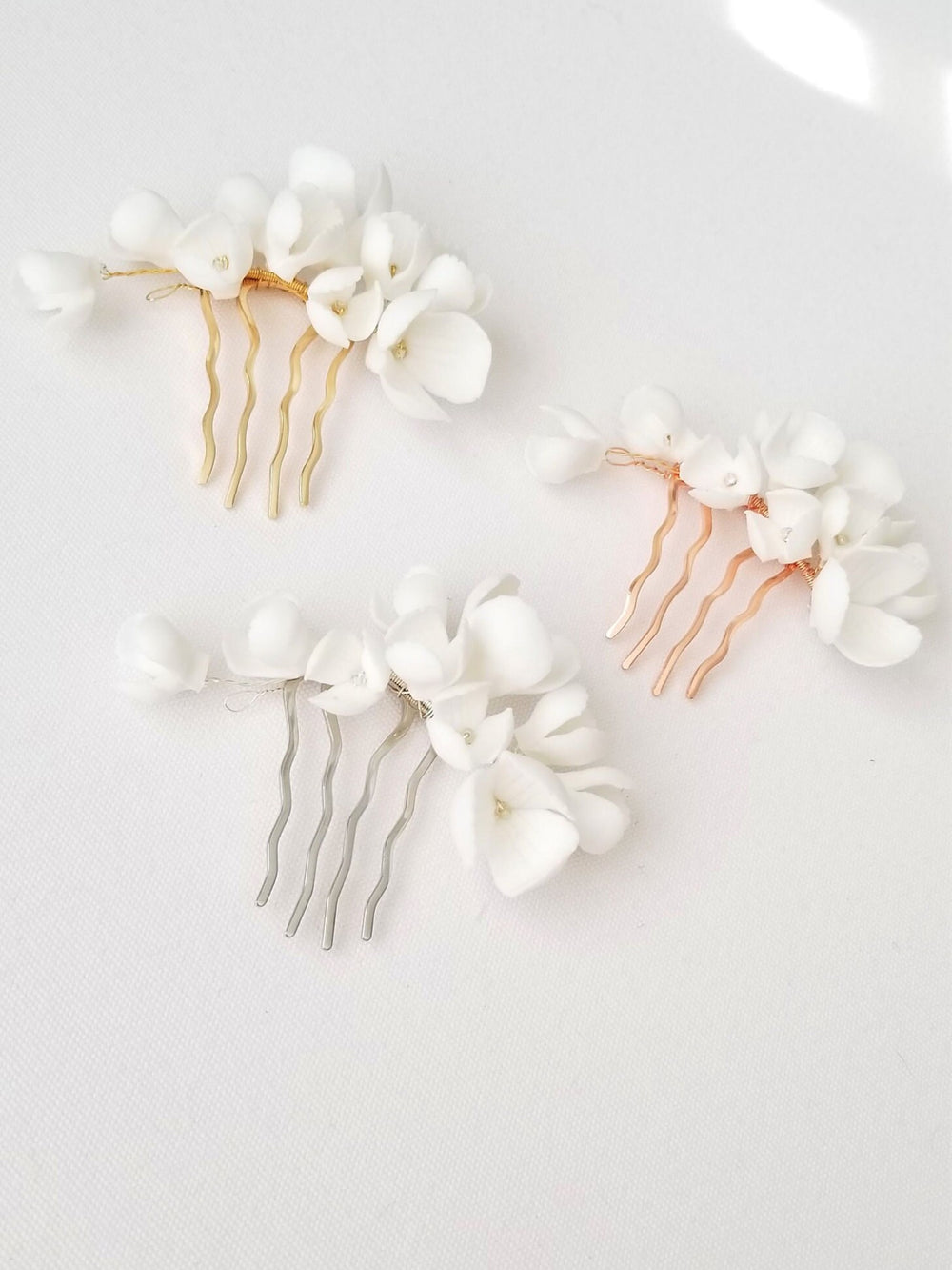 Porcelain Flower Bridal Hair Comb, Floral Wedding Hair Comb, White Clay Flower Hair Accessory For Bride - porcelain flowers, sead beads, wire, metal comb