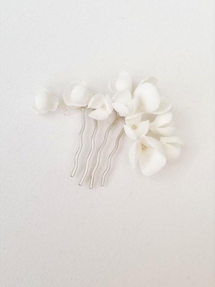 Porcelain Flower Bridal Hair Comb, Floral Wedding Hair Comb, White Clay Flower Hair Accessory For Bride - porcelain flowers, sead beads, wire, metal comb