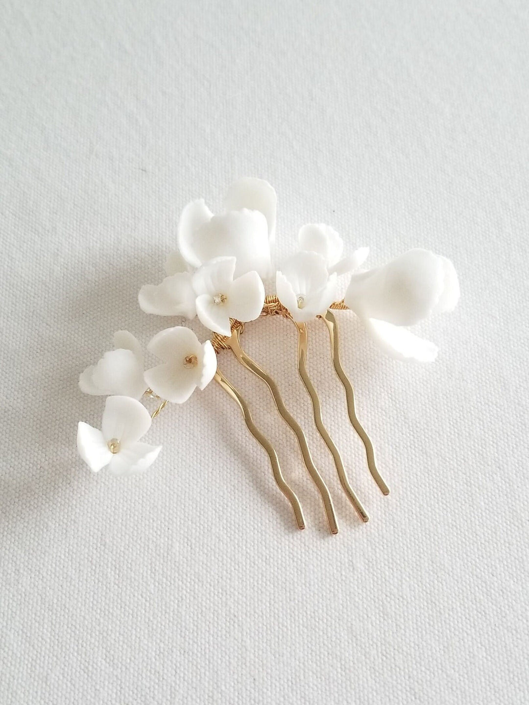 Porcelain Flower Bridal Hair Comb, Floral Wedding Hair Comb, White Clay Flower Hair Accessory For Bride - porcelain flowers, sead beads, wire, metal comb