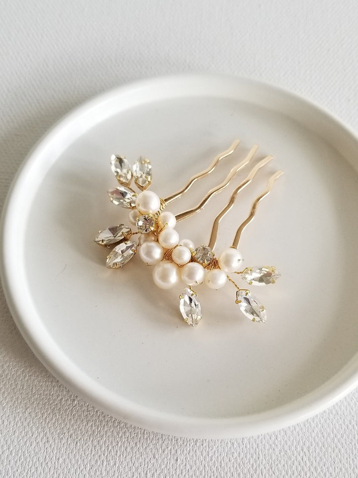 Freshwater Pearl Wedding Hair Comb, Small Pearl Crystal Bridal Hair Comb, Pearl Hair Comb for Bride - freshwater pearls, crystal rhinestones, wire, metal comb