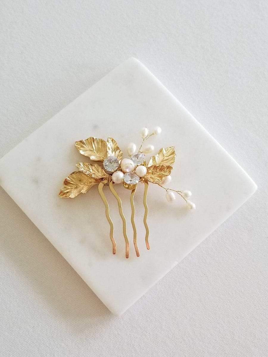 Pearl Wedding Hair Comb, Freshwater Pearl Floral Bridal Hair Comb, Gold Leaf Cubic Zirconia Freshwater Pearl Bridal Hairpiece - freshwater pearls, wire, gold comb, metal leaves, cubic zirconias