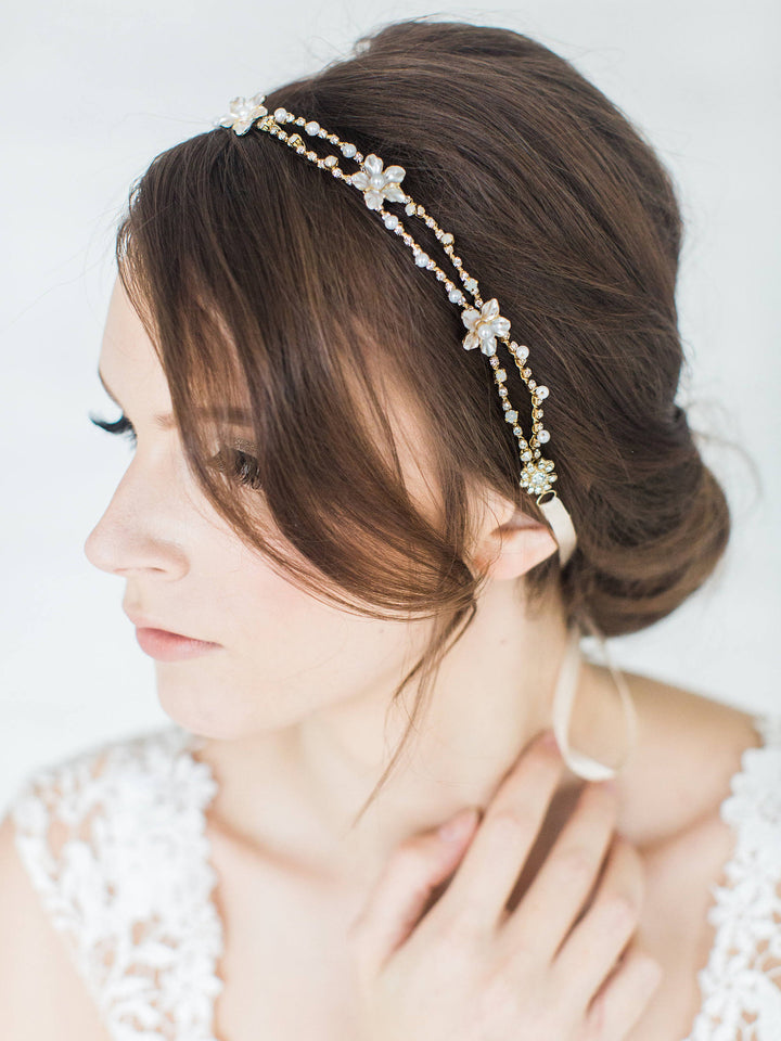 Gold Wedding Hair Vine, Bridal Boho Headpiece, Floral Bridal Hairpiece, Pearl Crystal Hair Vine, Gold Wedding Hairpiece for Bride - wire, crystal rhinestones, double sided ribbon, faux pearls, metal flowers