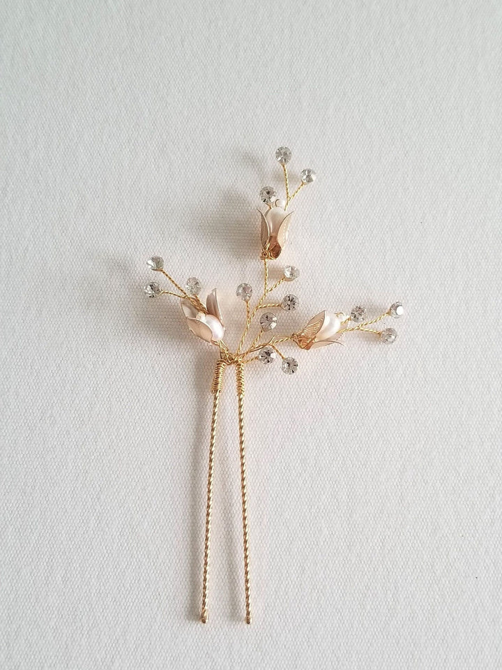 Pearl Wedding Hair Pins, Gold Pearl Blossom Bridal Hair Pins, Bohemian Crystal Freshwater Pearl Hair Pins For Bride - rhinestones, freshwater pearls, wire, metal flowers, metal hair pin