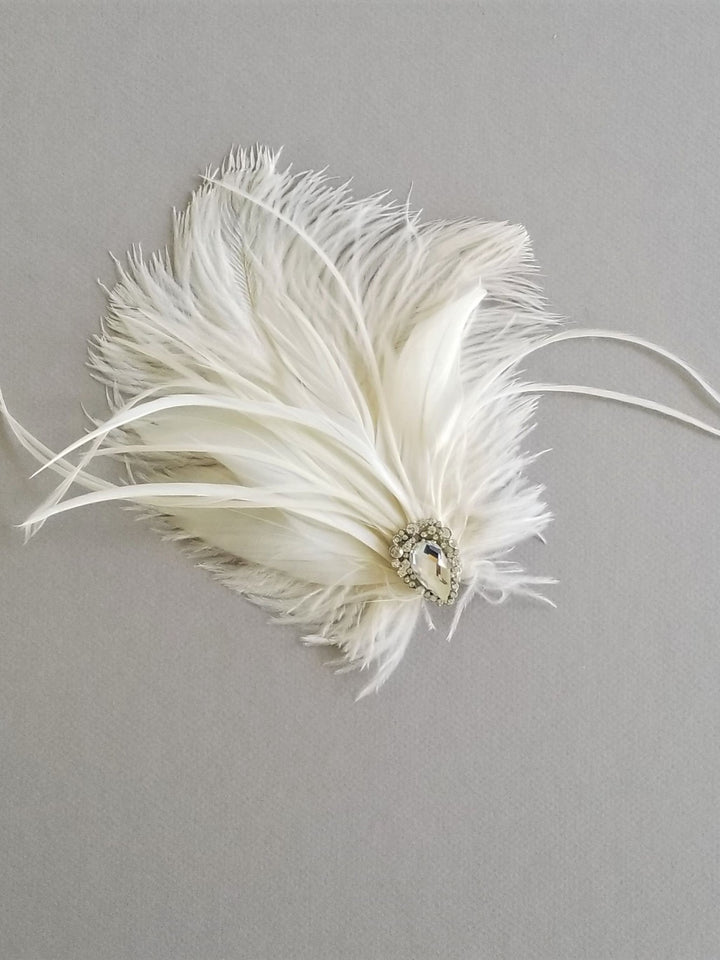 Feather Headpiece For Bride, Feather Crystal Wedding Hair Accessory, Feather Facinator Hair Clip for Wedding - feathers, felt, metal alligator clip, crystal jewel