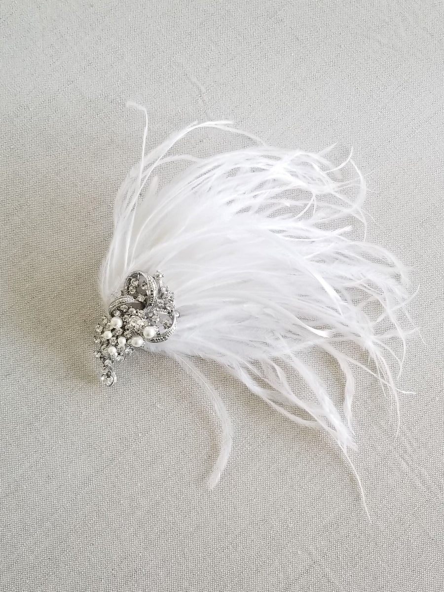 White Feather Headpiece For Bride, Feather Pearl Crystal Wedding Hair Accessory, Feather Facinator Hair Clip for Wedding - feathers, crystal brooch, shell pearls, wire, felt, metal alligator clip