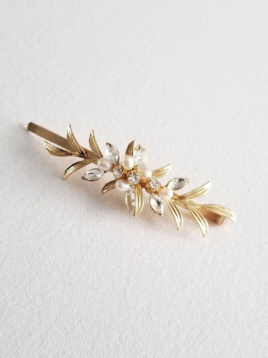 Gold Leaf Wedding Hair Clip with Pearls, Small Wedding Hair Accessory, CZ Bridal Side Hair Clip, CZ Freshwater Pearl Wedding Bobby Pin - wire, freshwater pearls, bobby pin, rhinestones, metal leaves