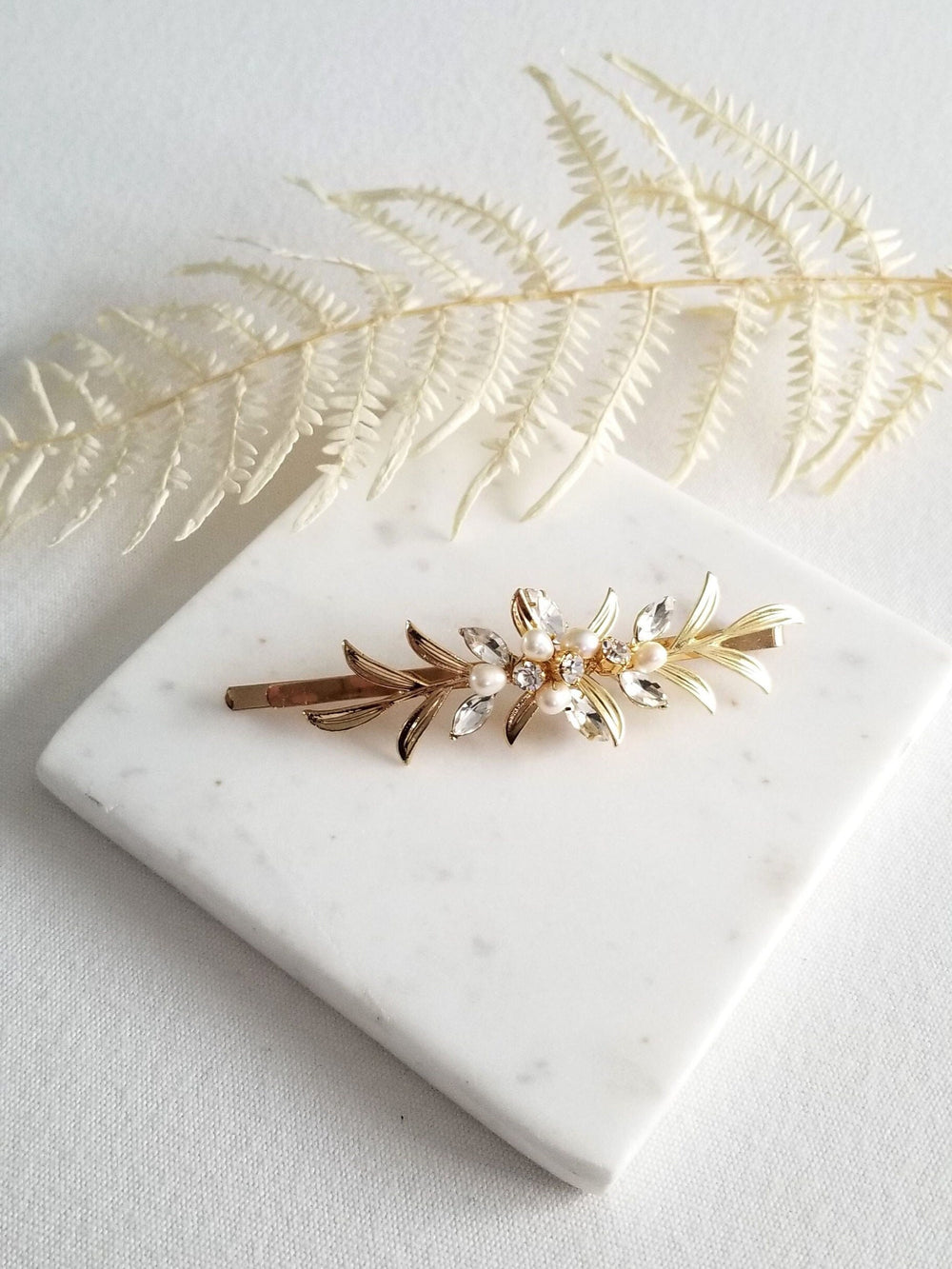 Gold Leaf Wedding Hair Clip with Pearls, Small Wedding Hair Accessory, CZ Bridal Side Hair Clip, CZ Freshwater Pearl Wedding Bobby Pin - wire, freshwater pearls, bobby pin, rhinestones, metal leaves