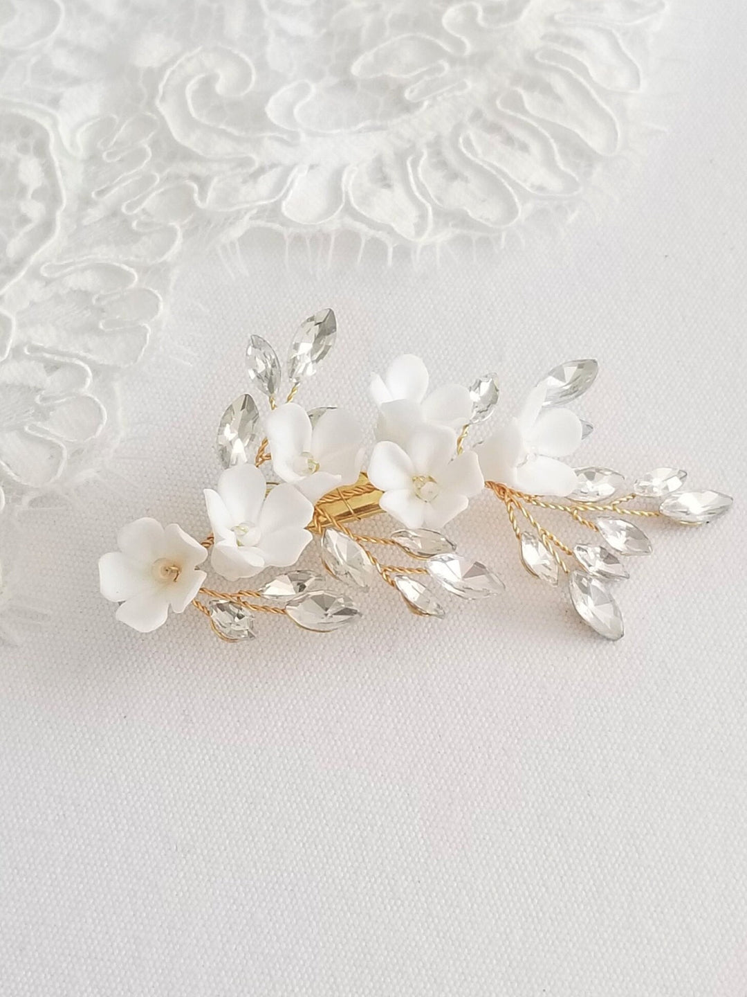 Gold Wedding Hair Clip Porcelain Flowers, Small Silver Floral Wedding Hair Clip, Clay Flower Bridal Hair Clip - seed beads, wire, porcelain flowers, rhinestones, metal hair clip