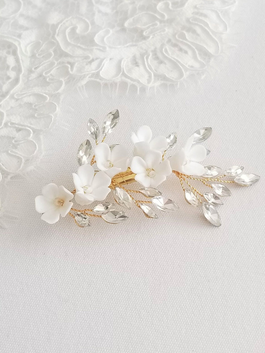 Gold Wedding Hair Clip Porcelain Flowers, Small Silver Floral Wedding Hair Clip, Clay Flower Bridal Hair Clip - seed beads, wire, porcelain flowers, rhinestones, metal hair clip