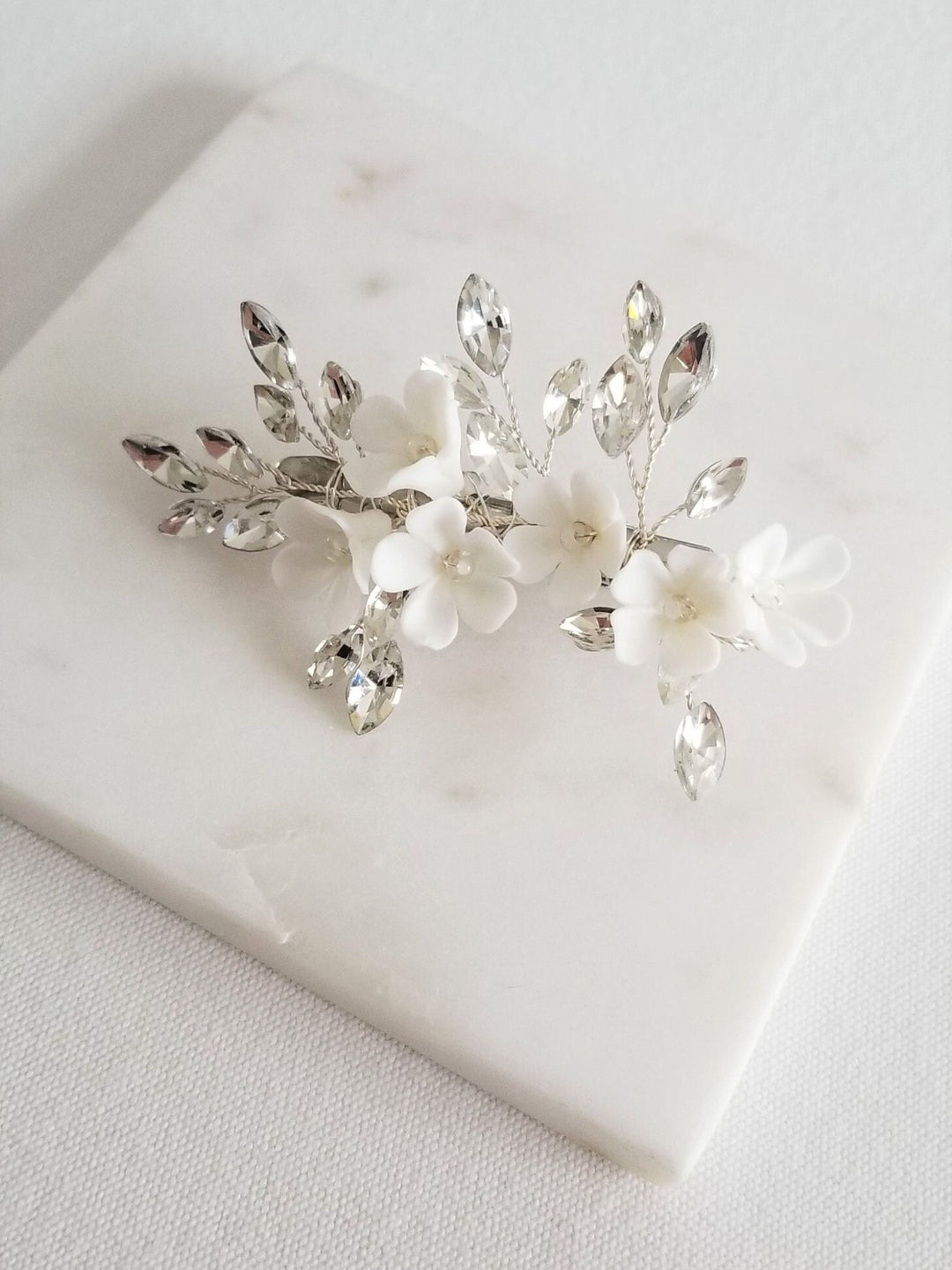 Gold Wedding Hair Clip Porcelain Flowers, Small Silver Floral Wedding Hair Clip, Clay Flower Bridal Hair Clip - seed beads, wire, porcelain flowers, rhinestones, metal hair clip